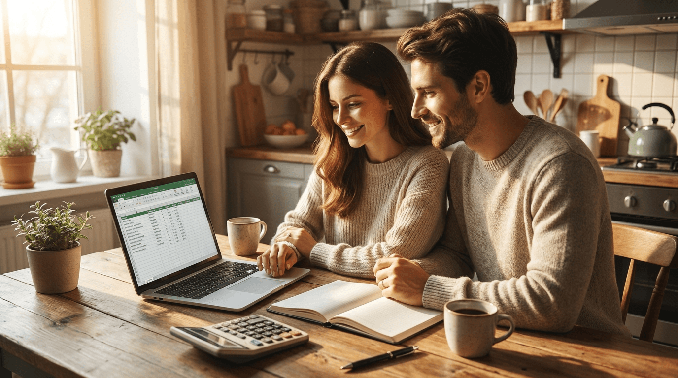 Verloofd koppel dat samen het trouwbudget doorneemt aan de keukentafel met laptop en notitieboek
