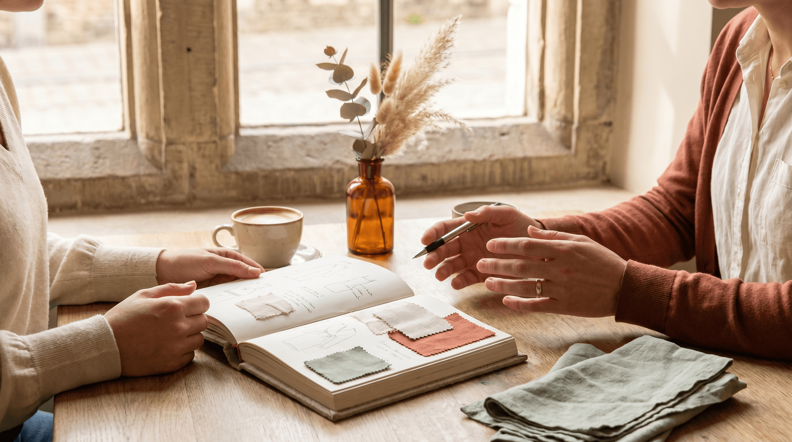 Koppel in gesprek met een trouwleverancier aan een houten tafel met een planningsboekje