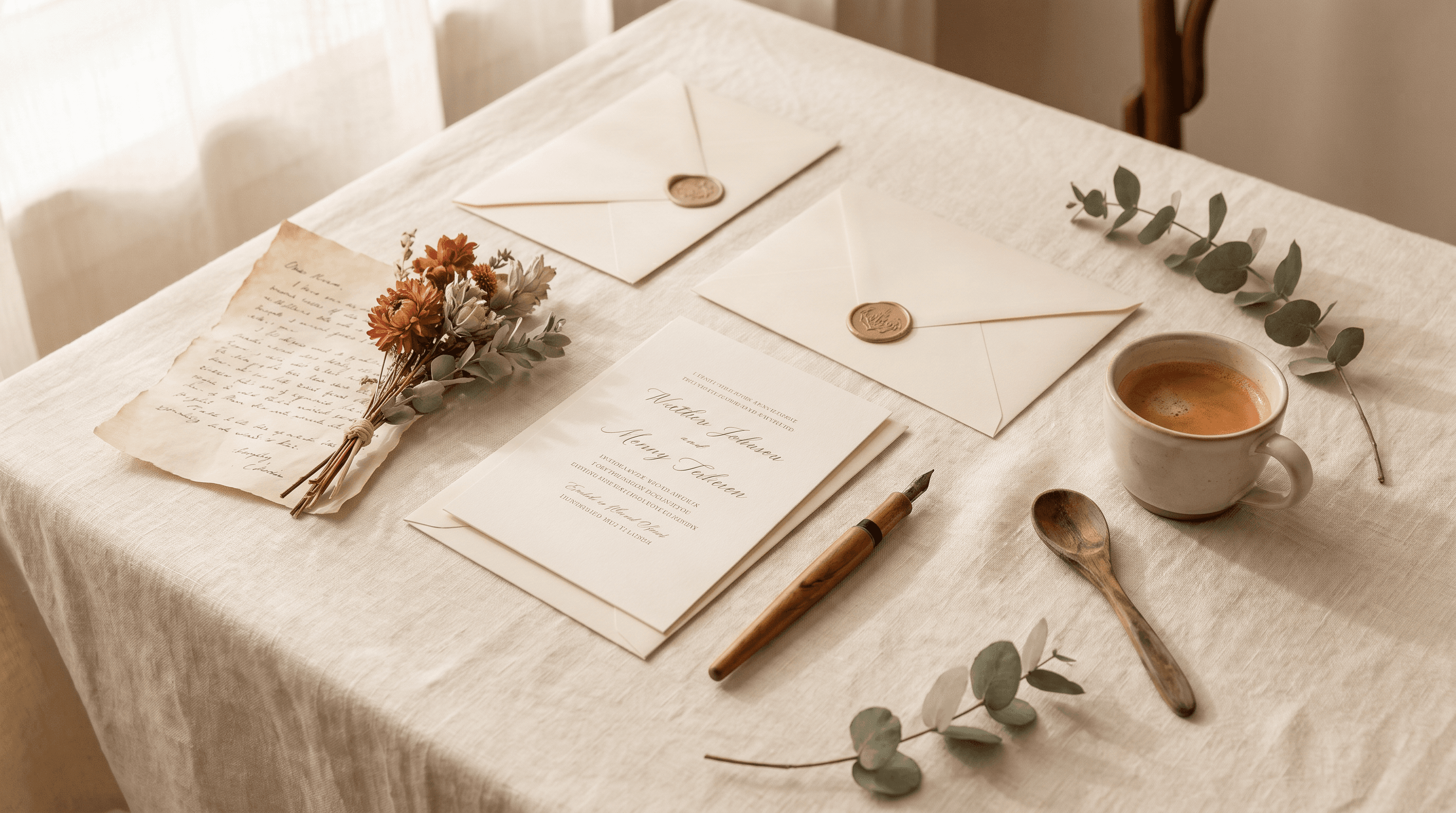 Warme flat lay met trouwuitnodigingen, droogbloemen en een vulpen op crème linnen