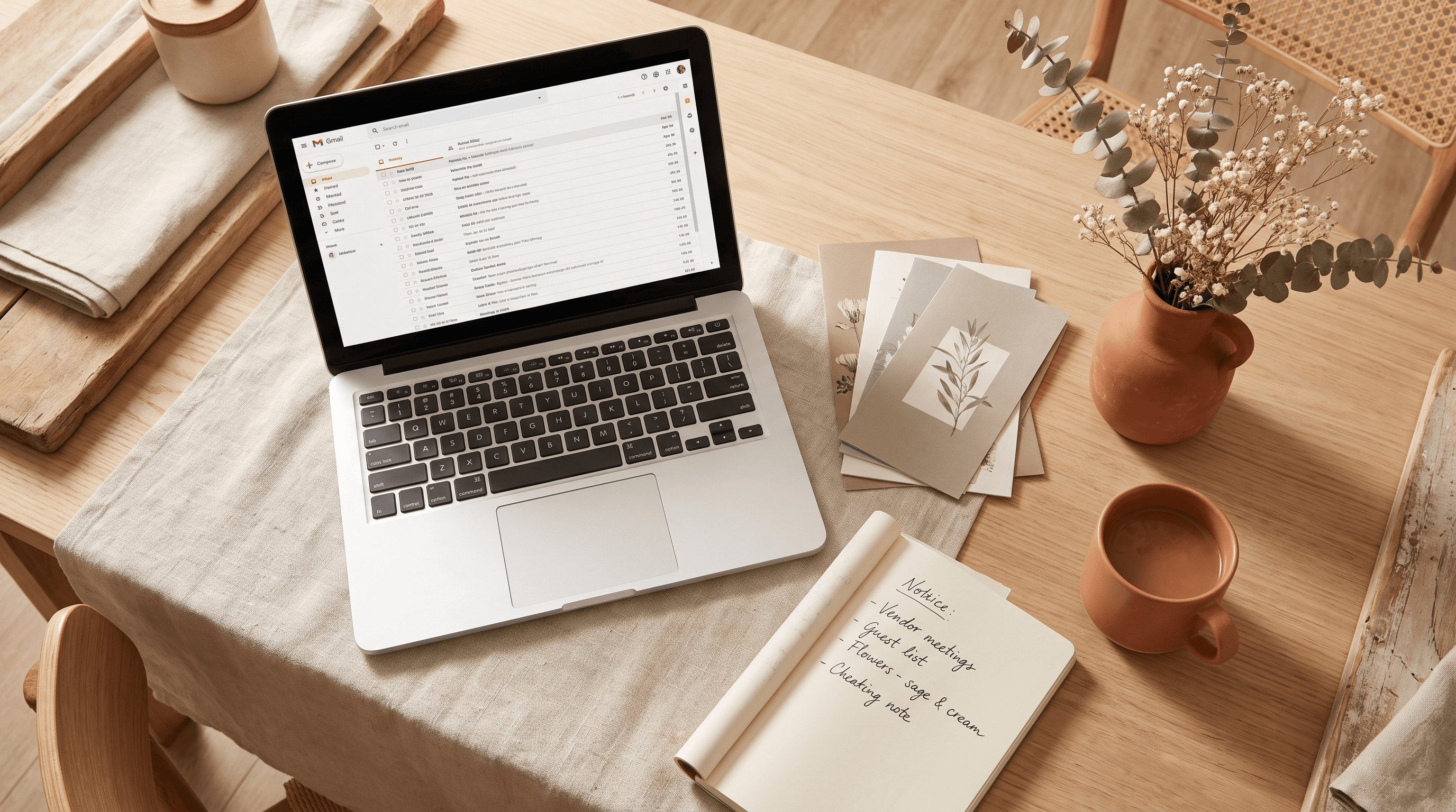 Overzichtelijke planningshoek met laptop, notitieboek en droogbloemen in warme tinten