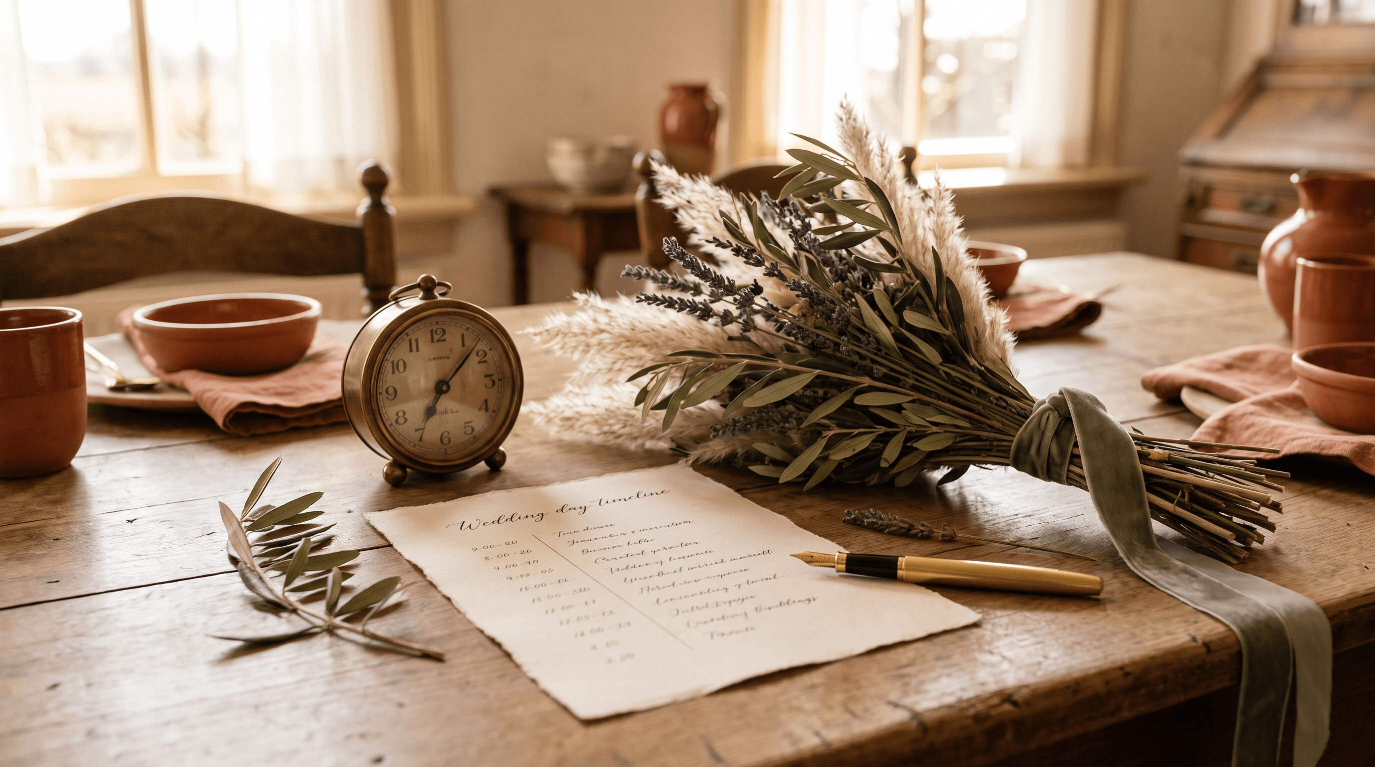 Handgeschreven trouwdagschema op cremekleurig papier met klok en droogbloemen