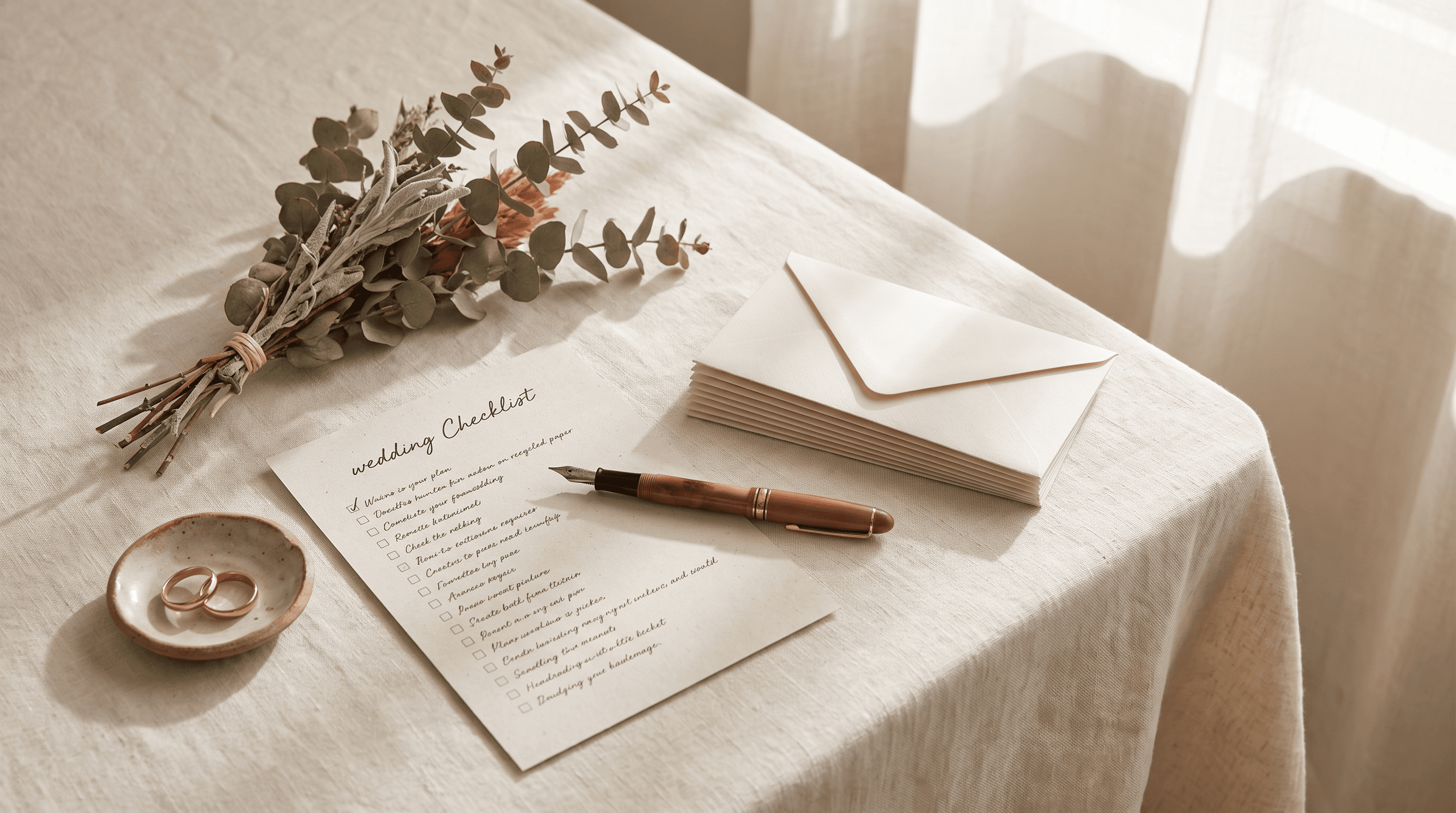Rustige flat-lay met checklist, trouwringen en droogbloemen op cream linnen, de week voor de bruiloft