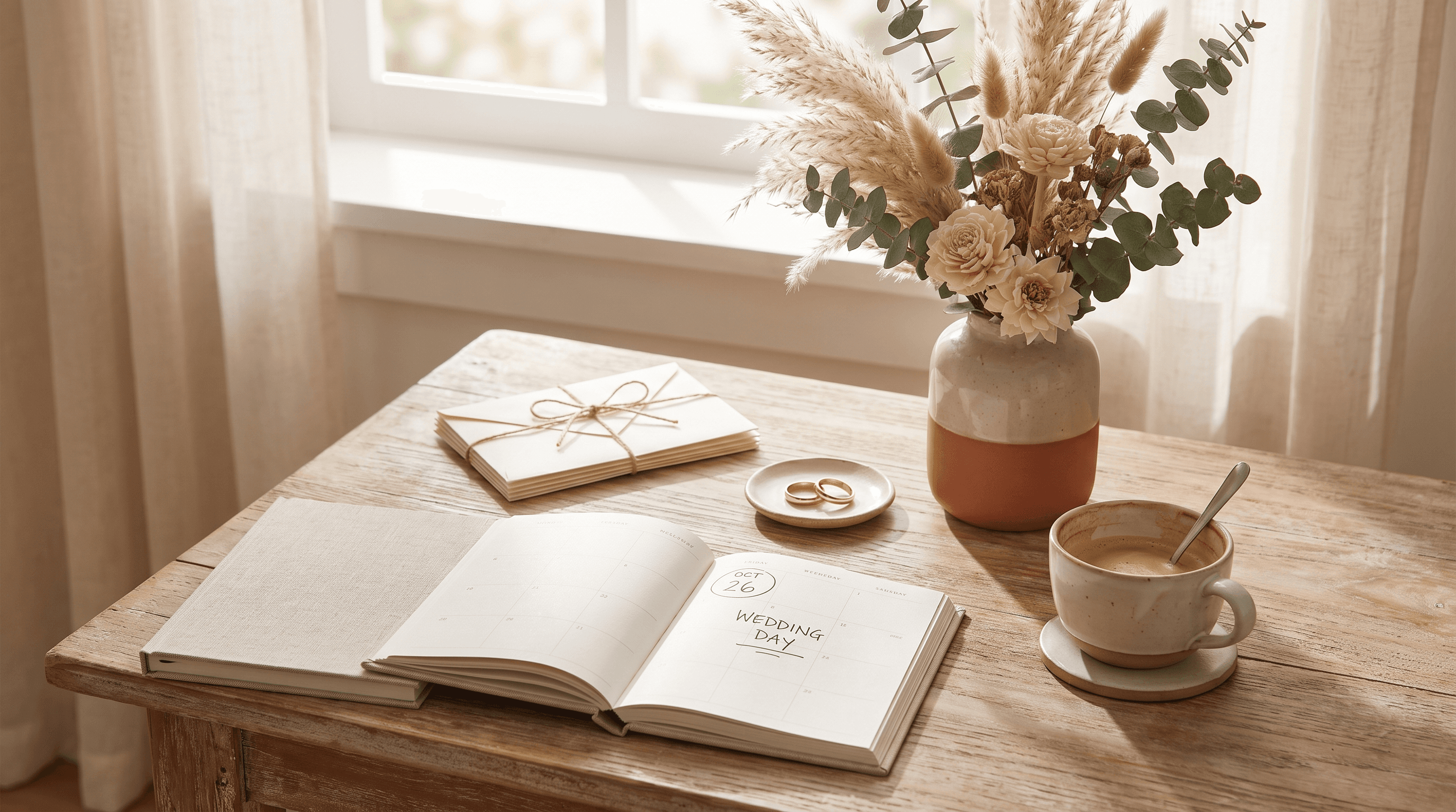 Een open planner met gemarkeerde datum, cream enveloppen, trouwringen en gedroogde bloemen