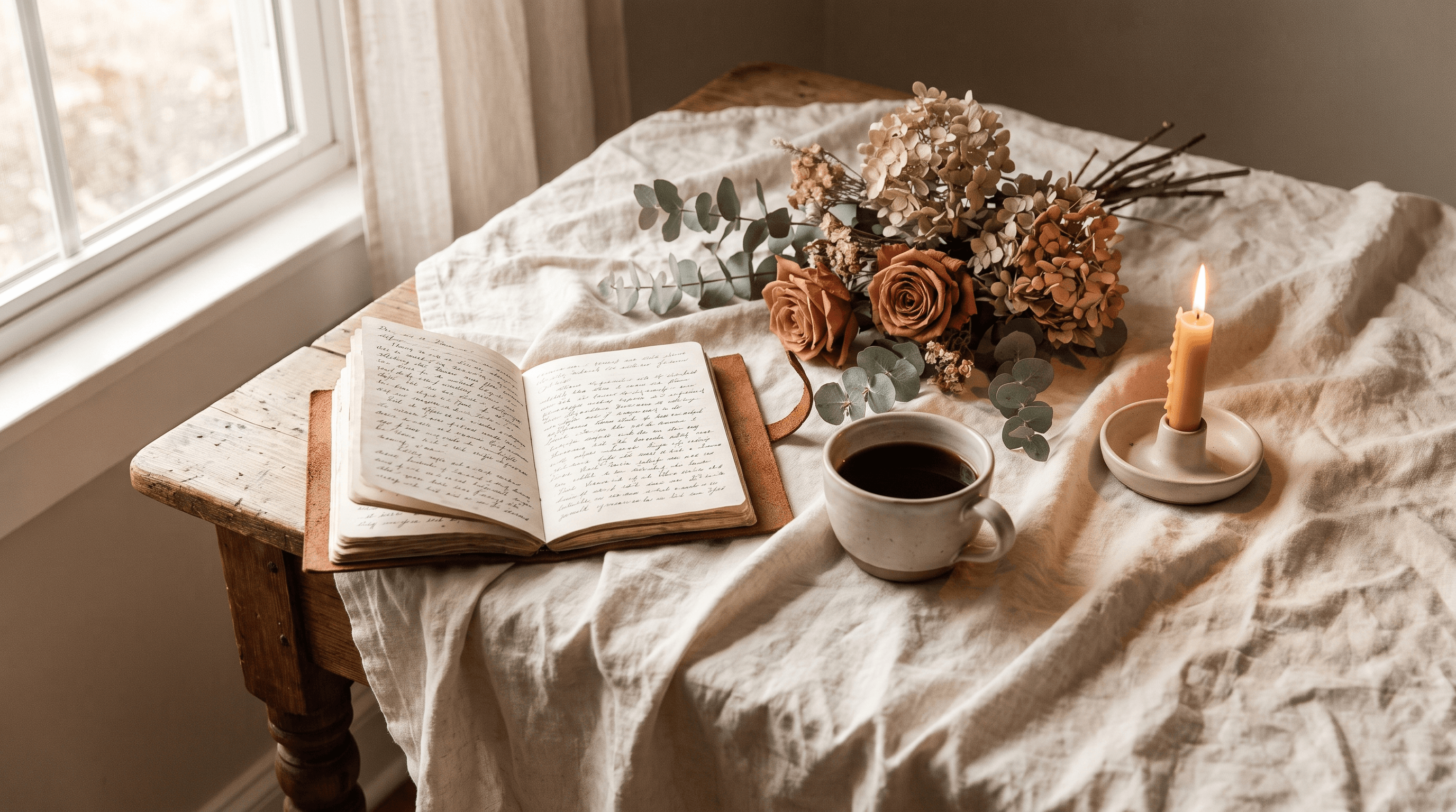 Rustige trouwdetails: een notitieboek, koffie en droogbloemen op een linnen tafel in warm licht