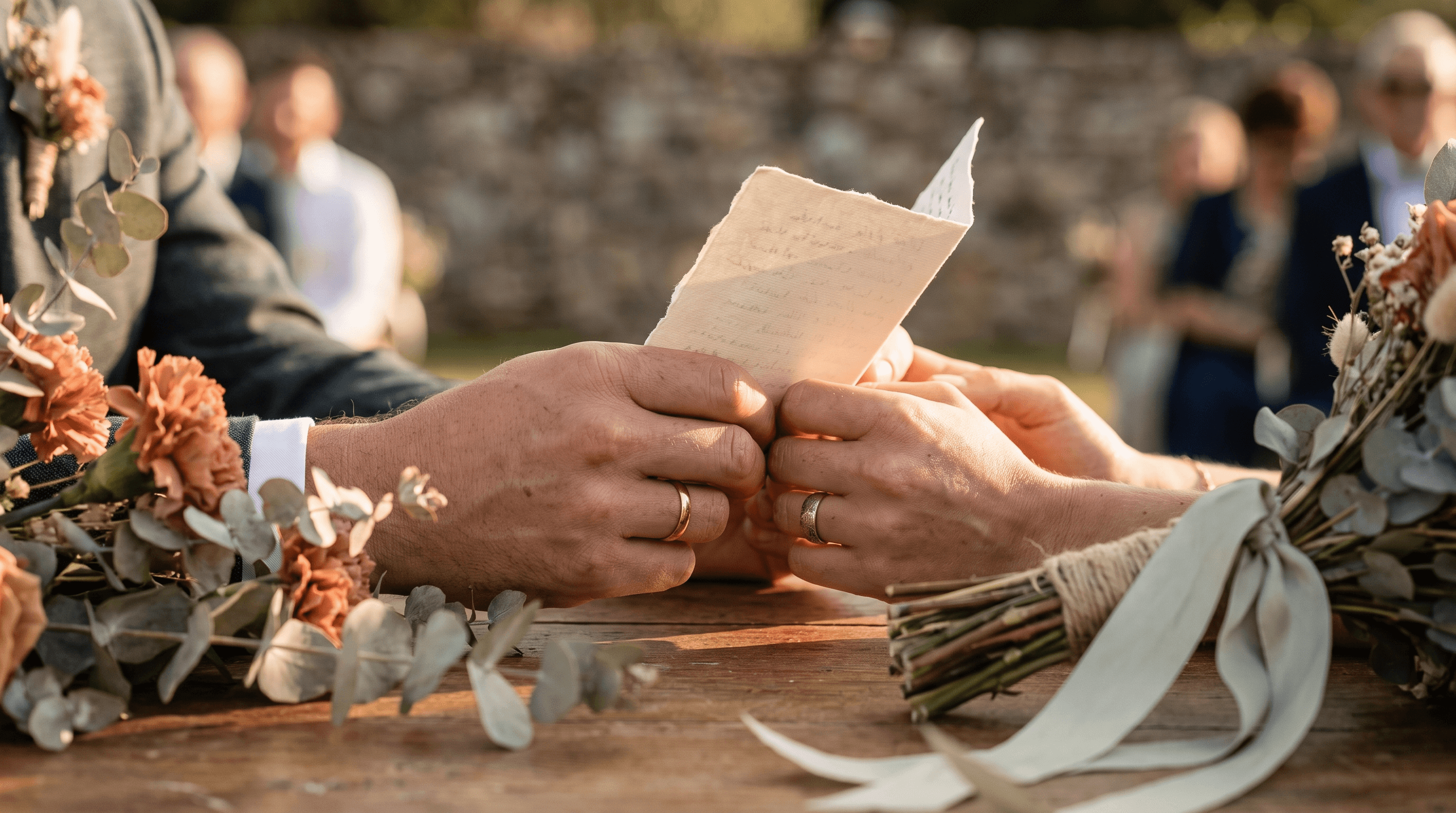 Handen van een koppel houden een handgeschreven geloftekaartje vast tijdens een buitenceremonie in warme tinten