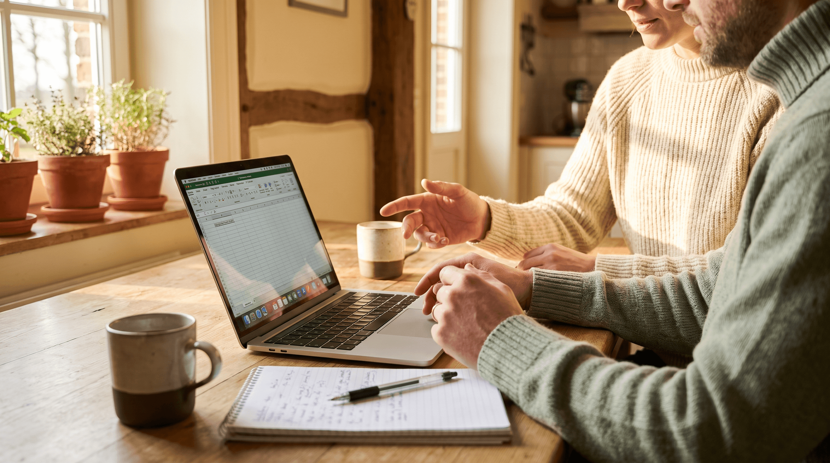 Verloofd koppel dat samen het trouwbudget doorneemt aan de keukentafel met laptop en notitieboek