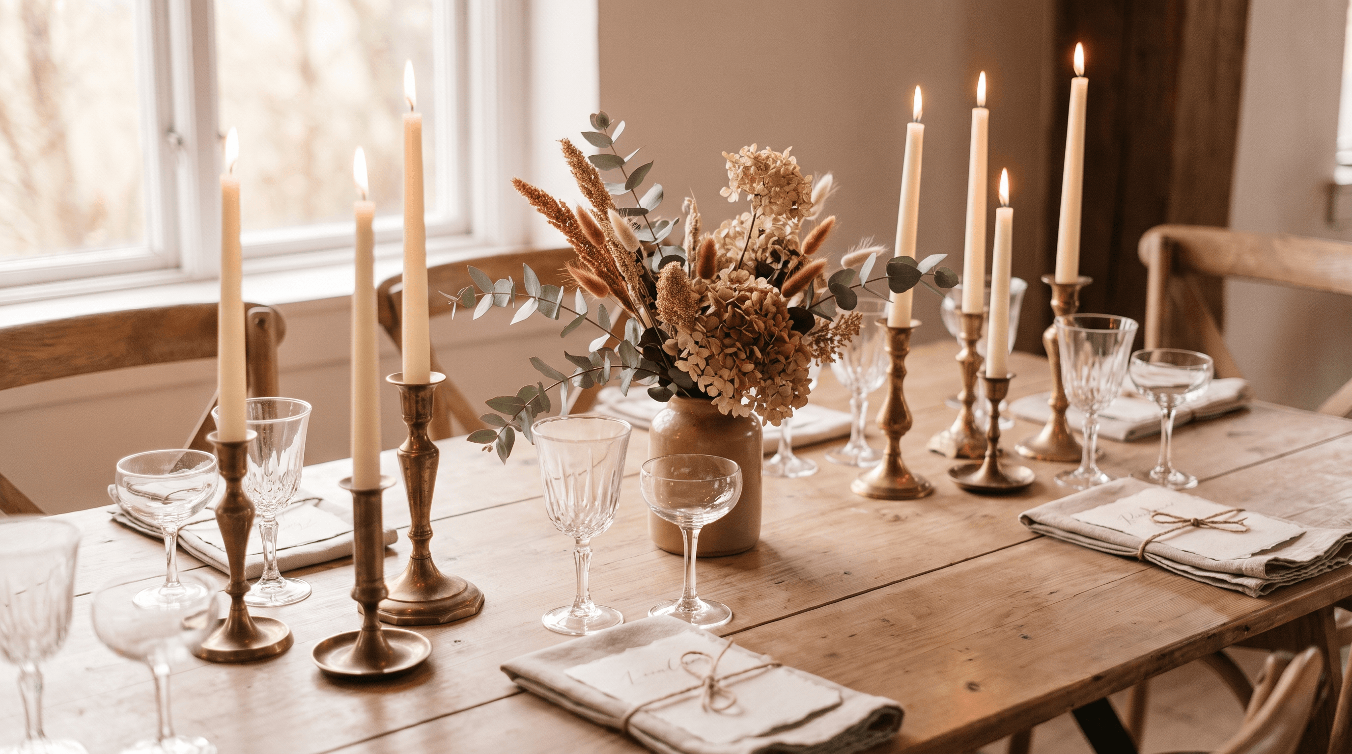 Elegant gestylede trouwtafel met kaarsen, glaswerk en droogbloemen als voorbeeld van bewuste keuzes