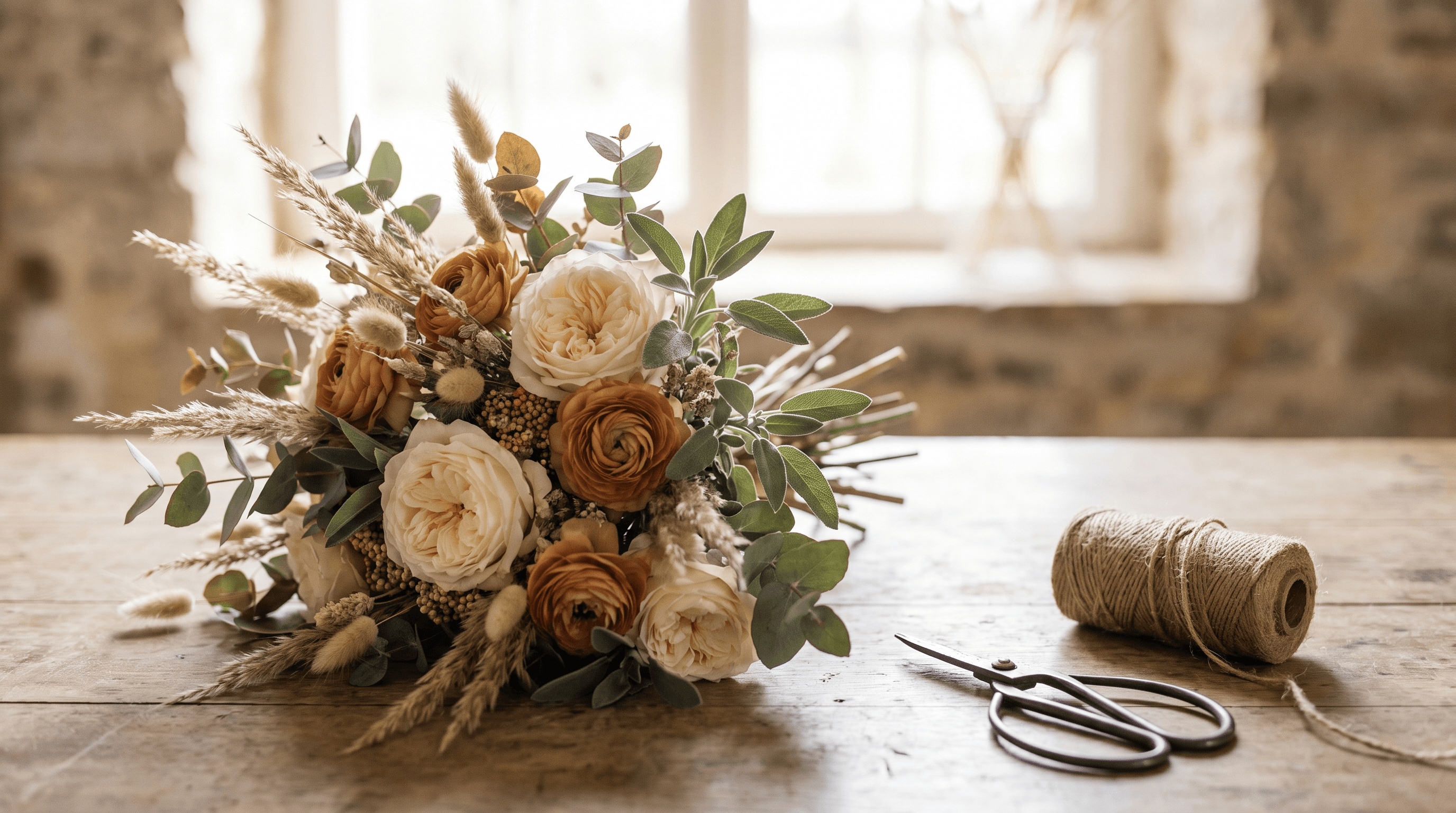 Losse bruidsboeket met seizoensbloemen en eucalyptus op een houten tafel