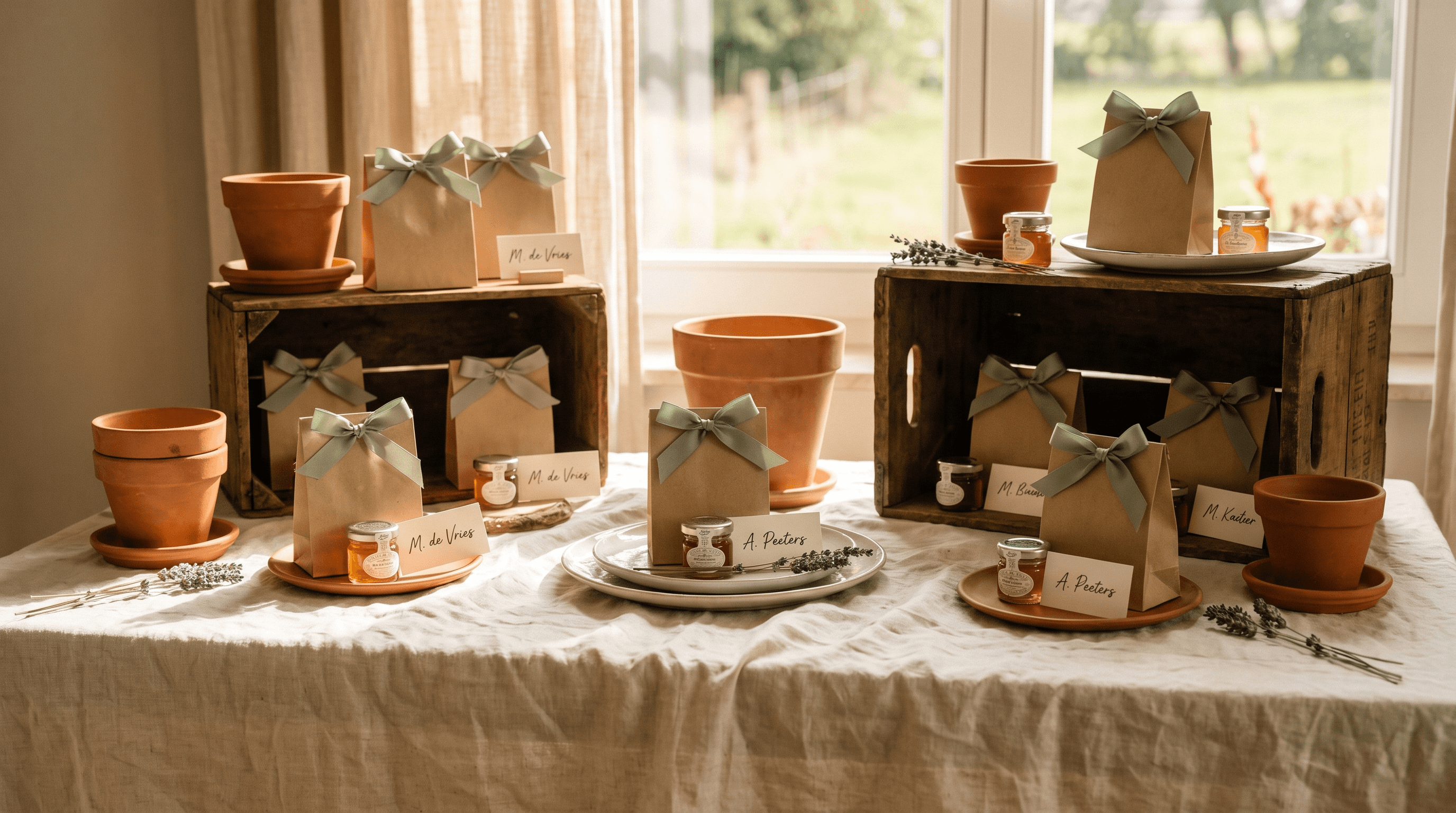 Gestylede tafel met kleine trouwbedankjes: kraftzakjes met salieblauw lint, potjes honing en gedroogde lavendel
