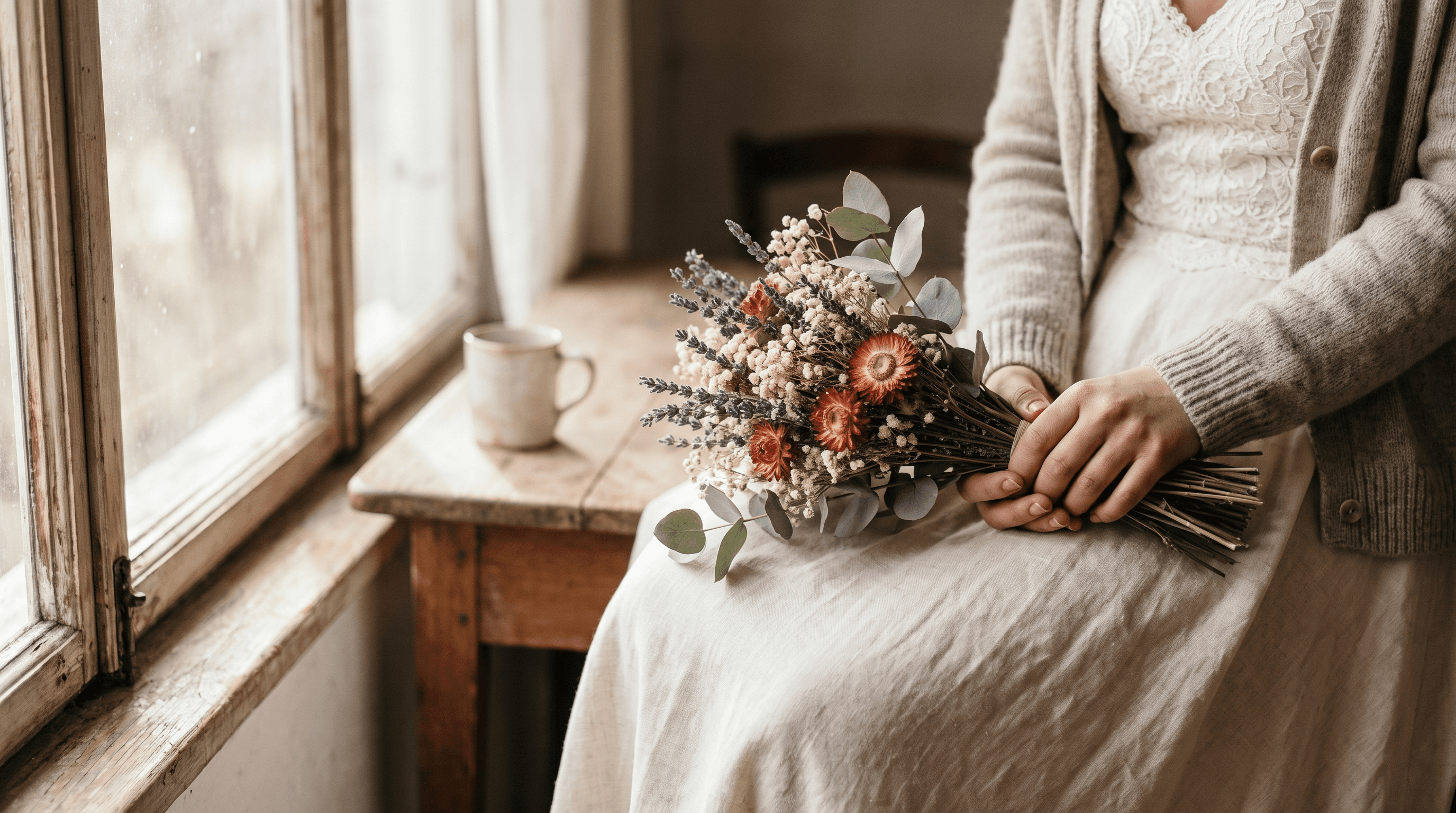 Handen van een bruid met een boeketje droogbloemen op de rustige ochtend van de trouwdag