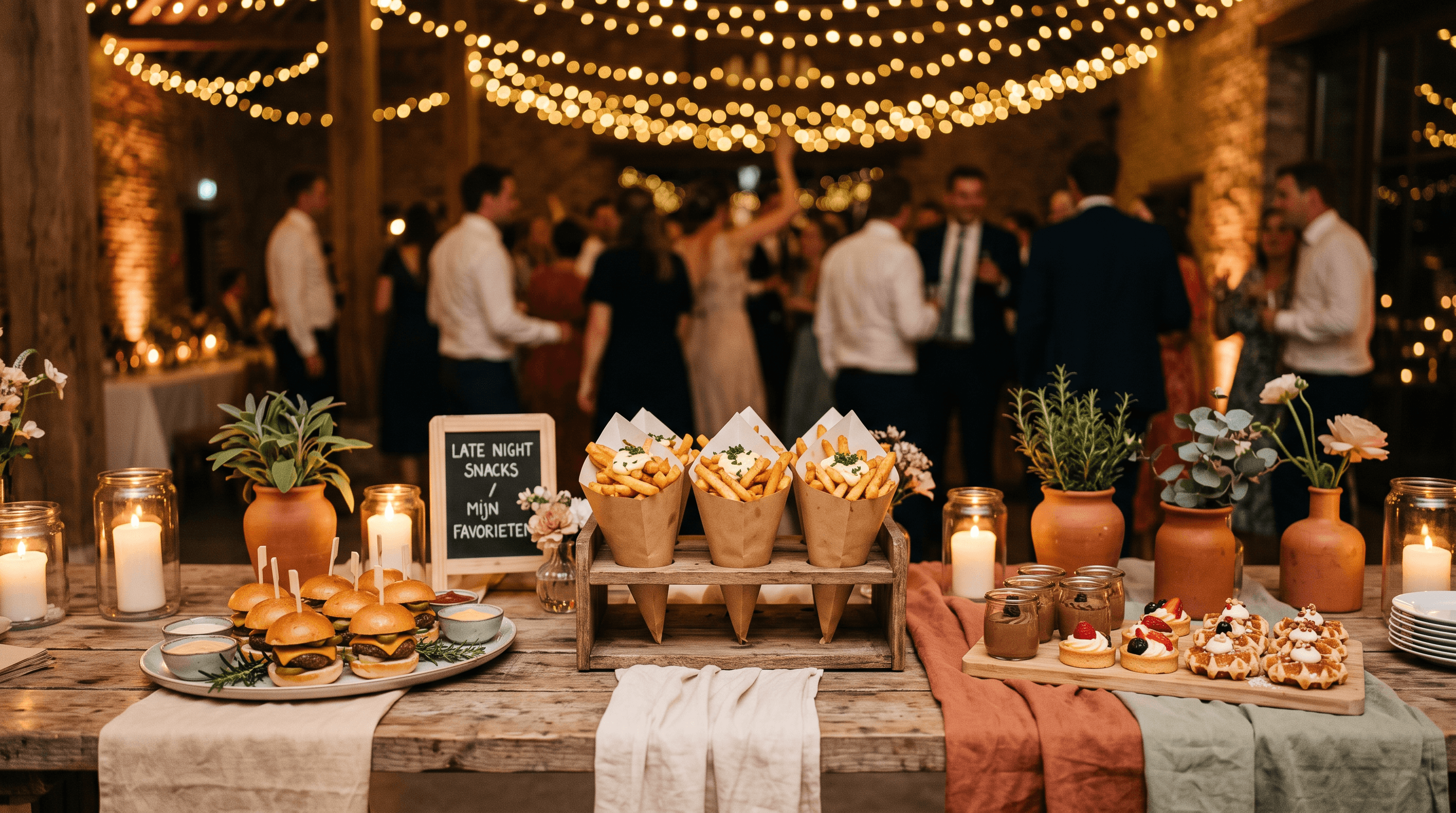 Sfeervol avondbuffet met frietkar en dessertbar bij avondlicht op een trouwfeest