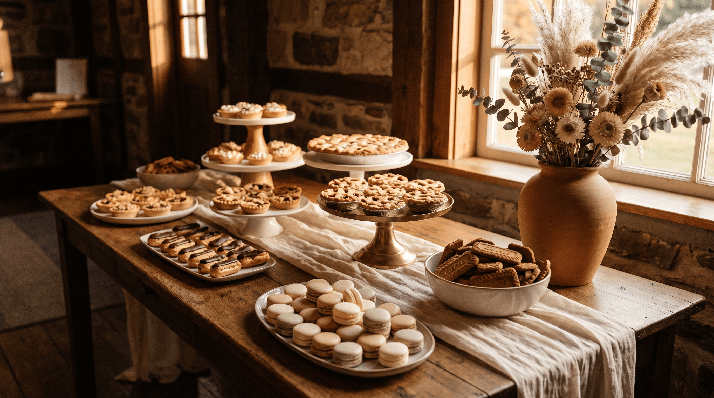Gestileerde desserttafel met kleine taarten, eclairs en droogbloemen in warm avondlicht