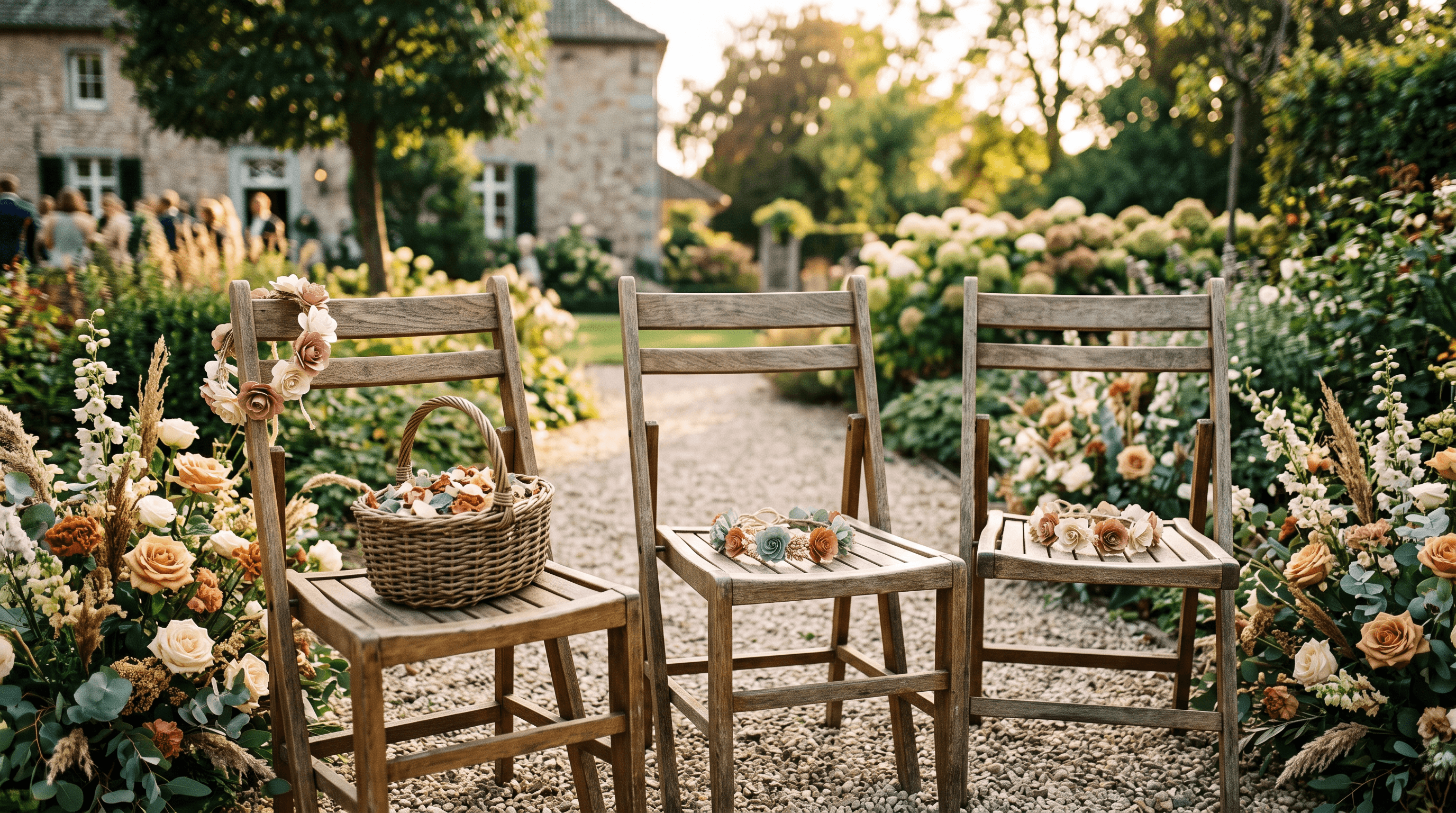 Zonnig ceremoniepad in een tuin met houten stoelen, bloemenkransjes en een mandje met droogbloemblaadjes