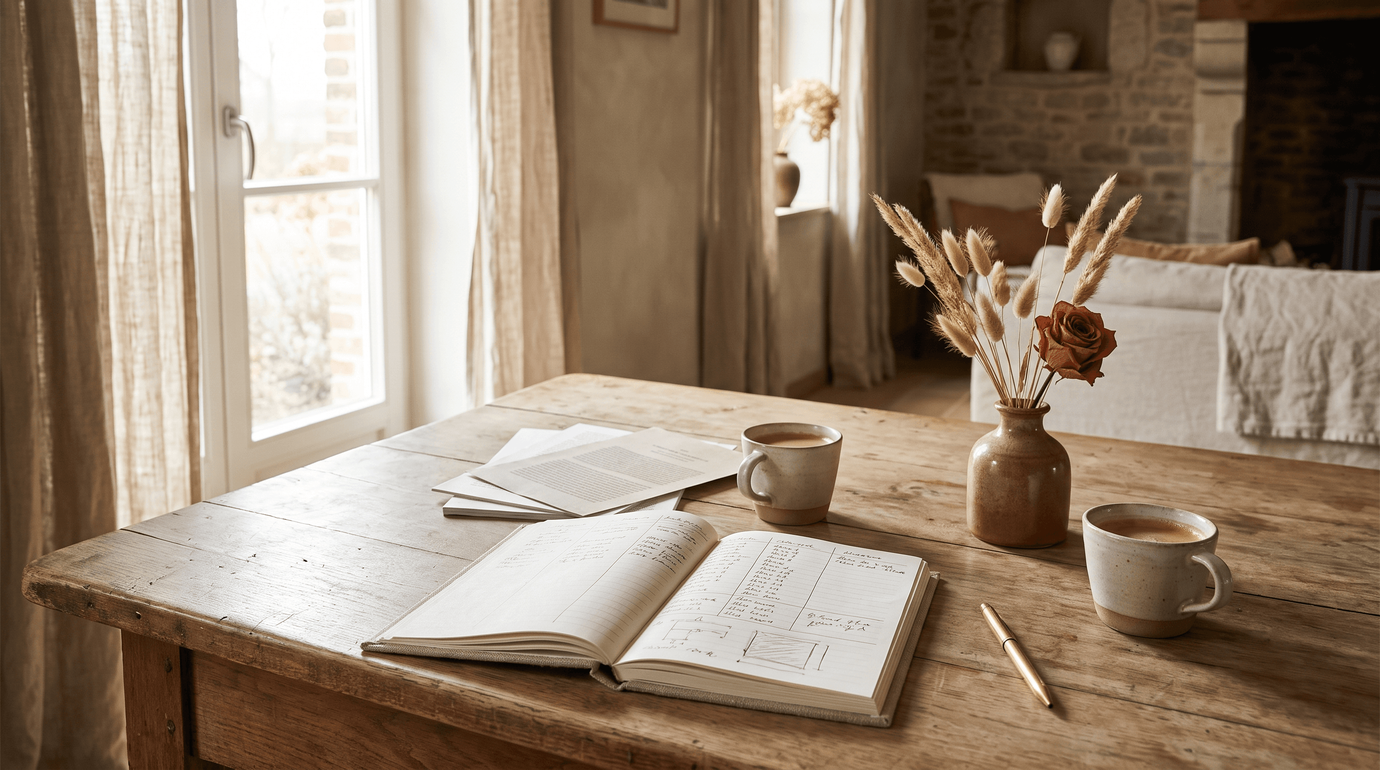 Houten tafel met een open notitieboek, offertes, een pen en droogbloemen in warm middaglicht