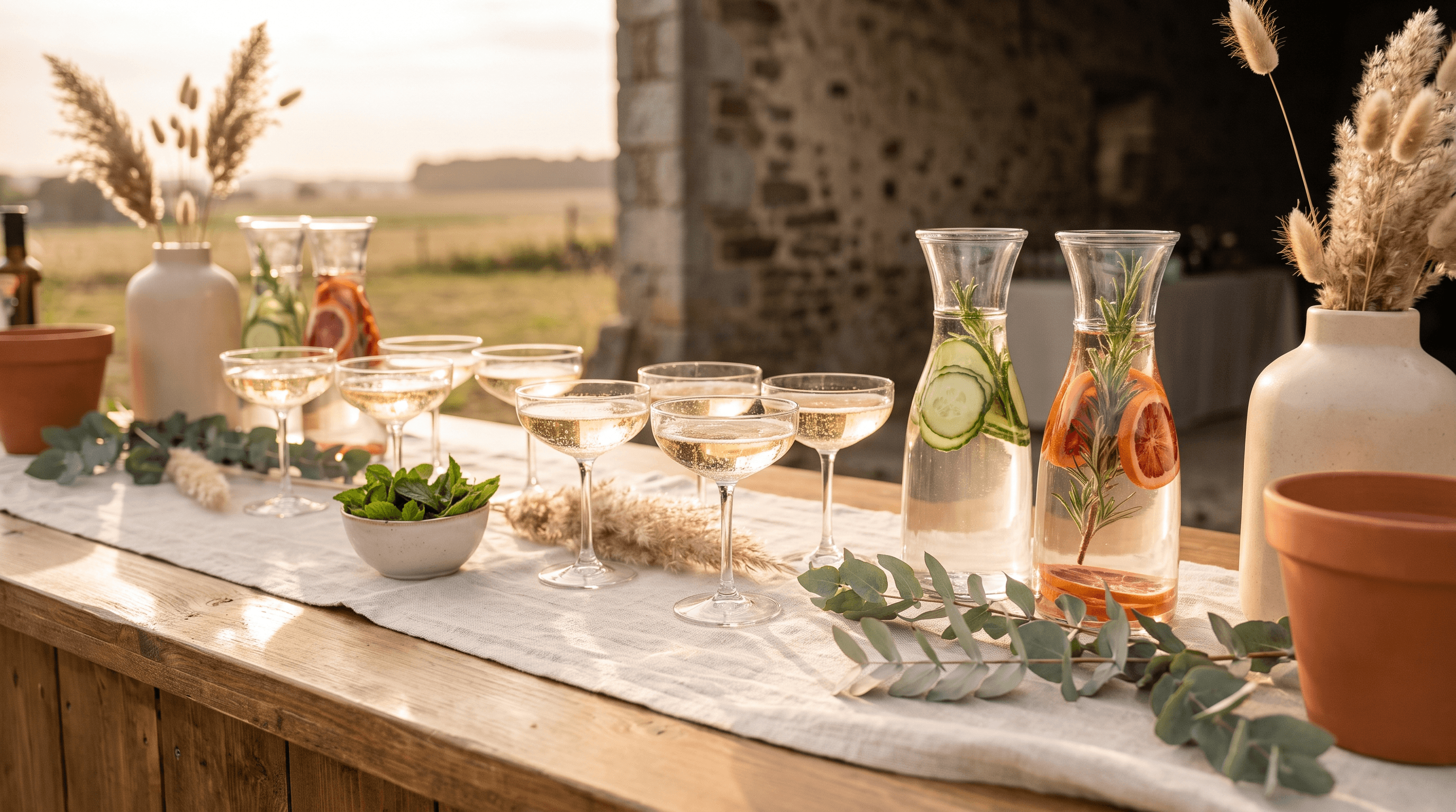 Landelijke houten bar met coupes alcoholvrije bubbels en karaffen infused water bij avondlicht