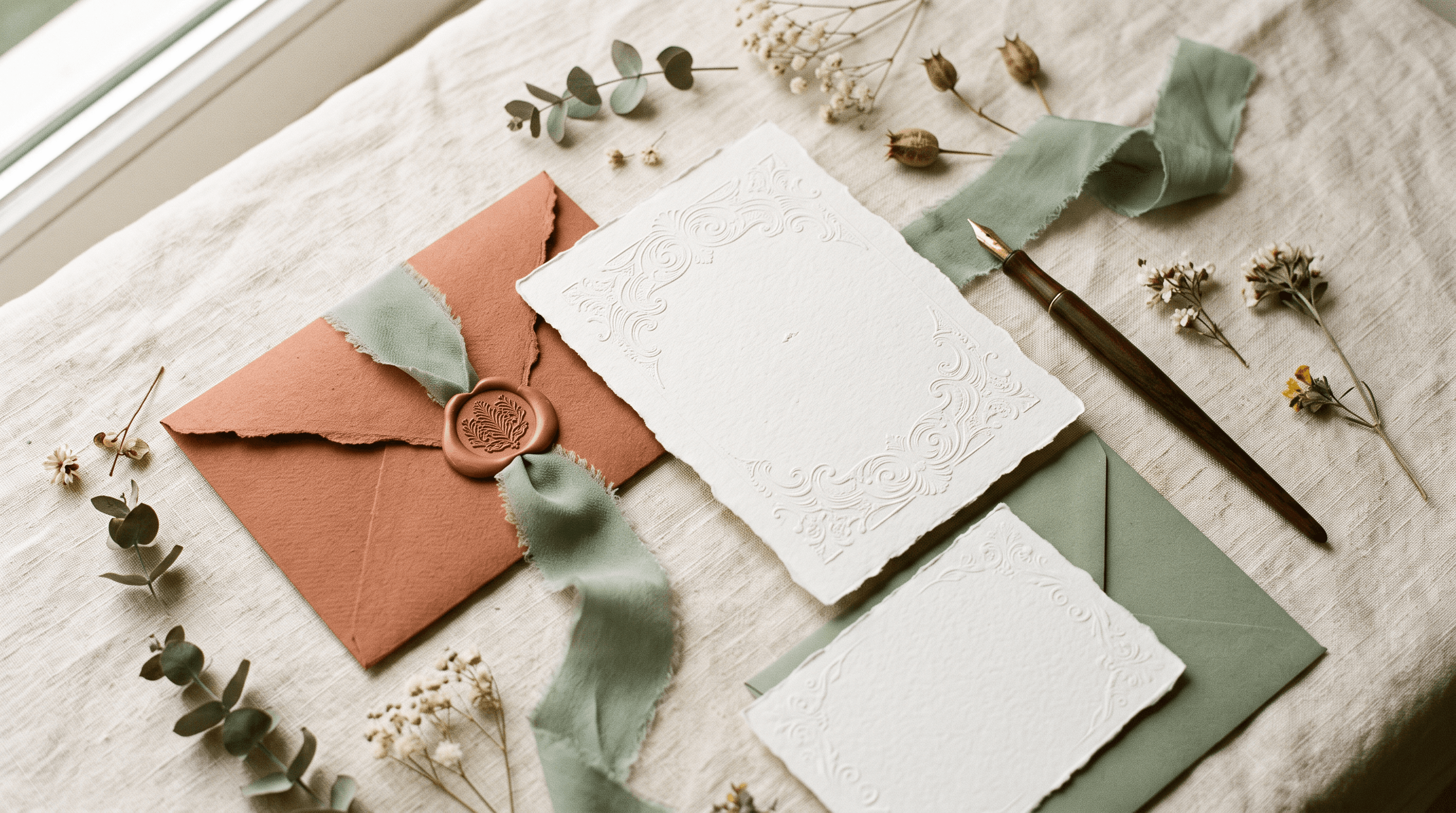 Trouwkaarten van katoenpapier met terracotta envelop, lakzegel en salie zijden lint op linnen