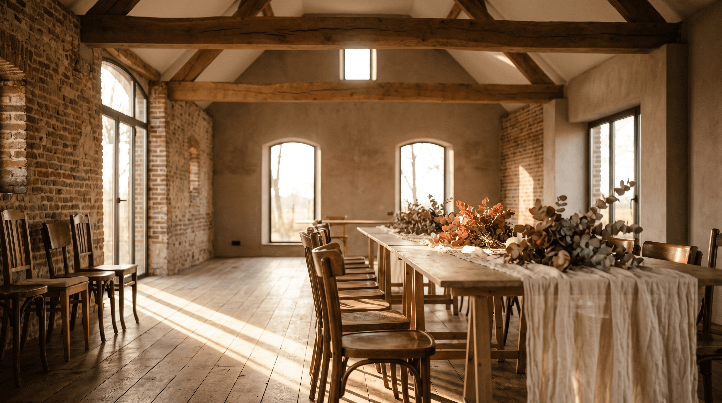 Lichte trouwzaal in een gerestaureerde hoeve met houten balken, lange tafel en droogbloemen