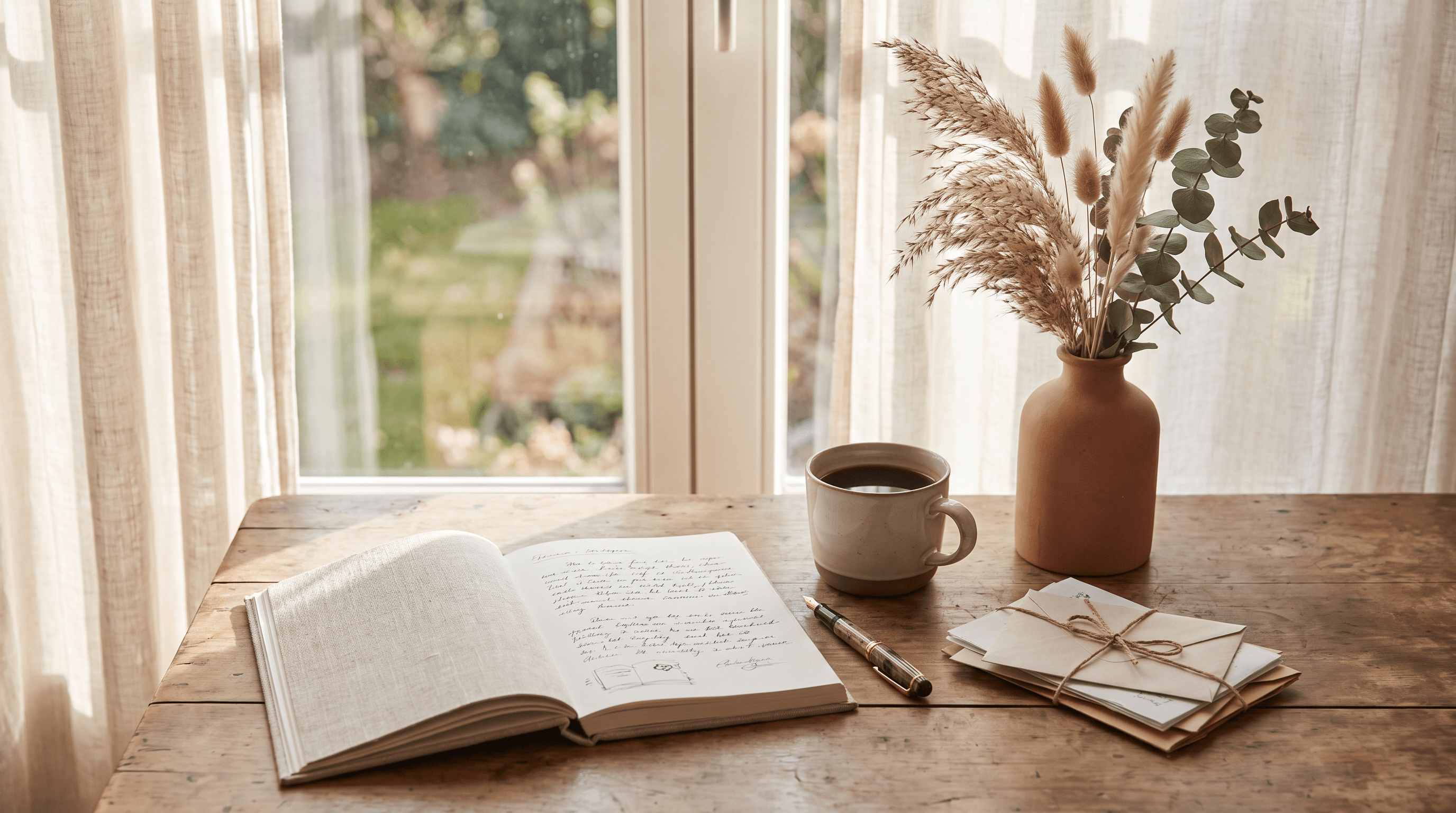 Trouwplanning aan een houten tafel bij het raam met notitieboek, vulpen, koffie en droogbloemen