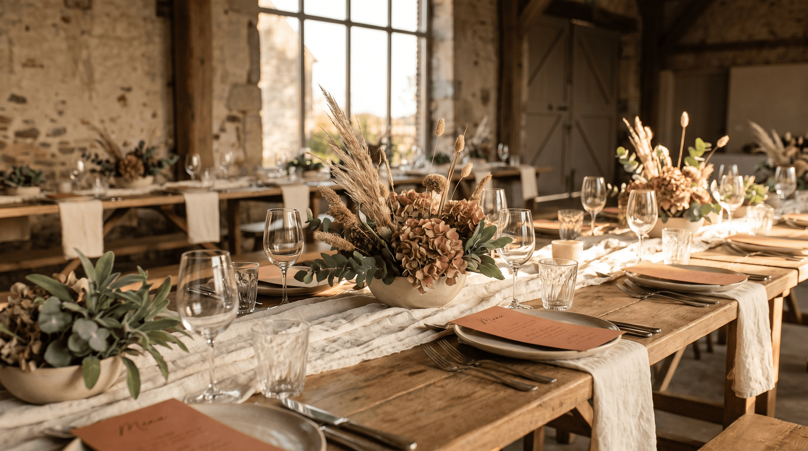Lange feesttafel met crème linnen, glaswerk en droogbloemen in warm namiddaglicht