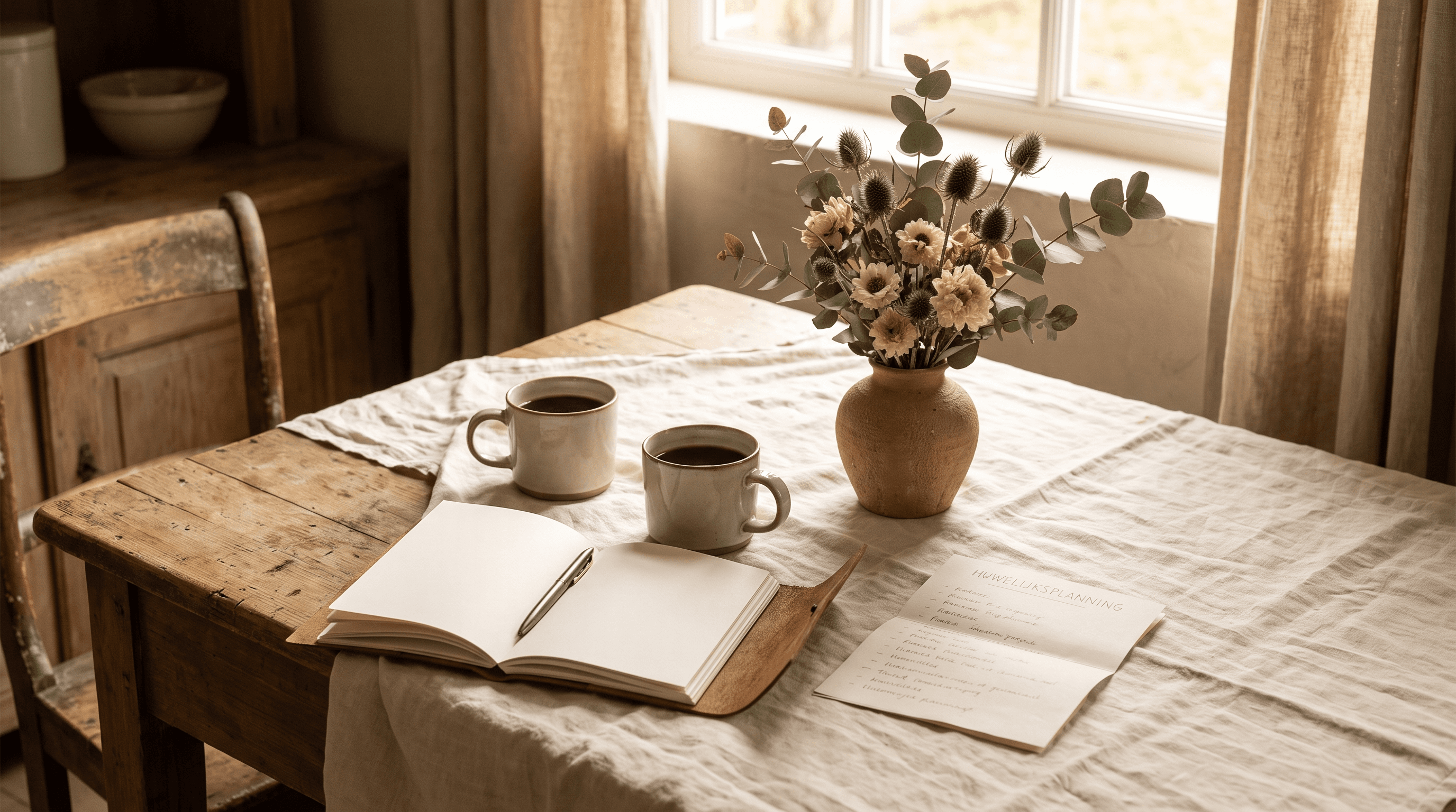 Gedekte tafel met koffie en notitieboek tijdens een familiegesprek