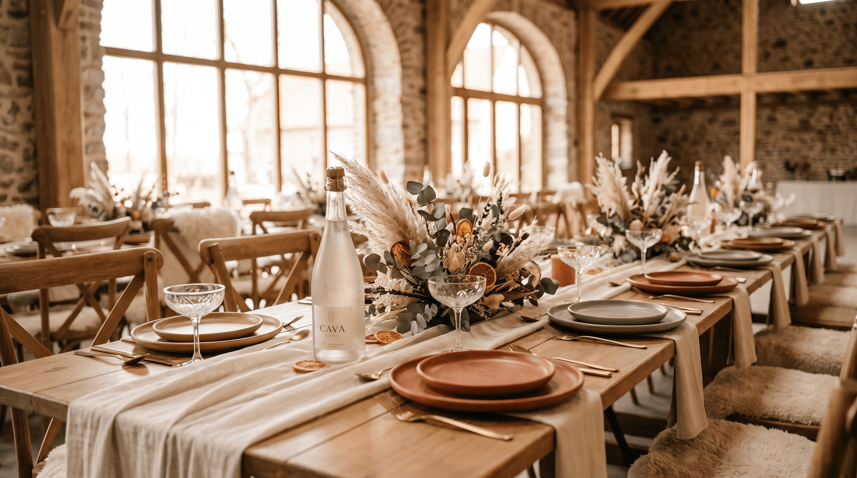 Gedekte feesttafel in een landelijke trouwlocatie met crème linnen en terracotta borden