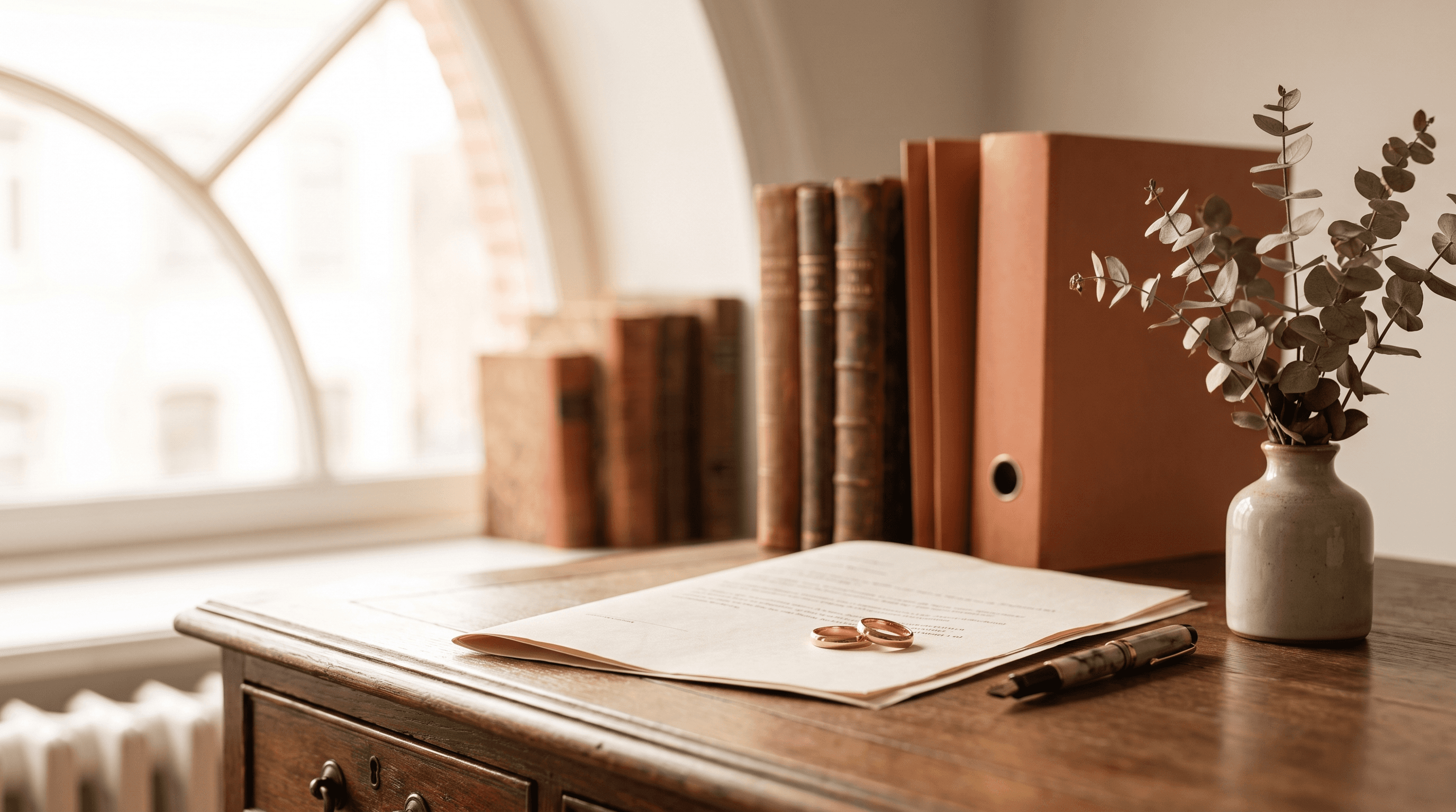 Twee gouden trouwringen op een opgevouwen document naast een vulpen op een notarisbureau