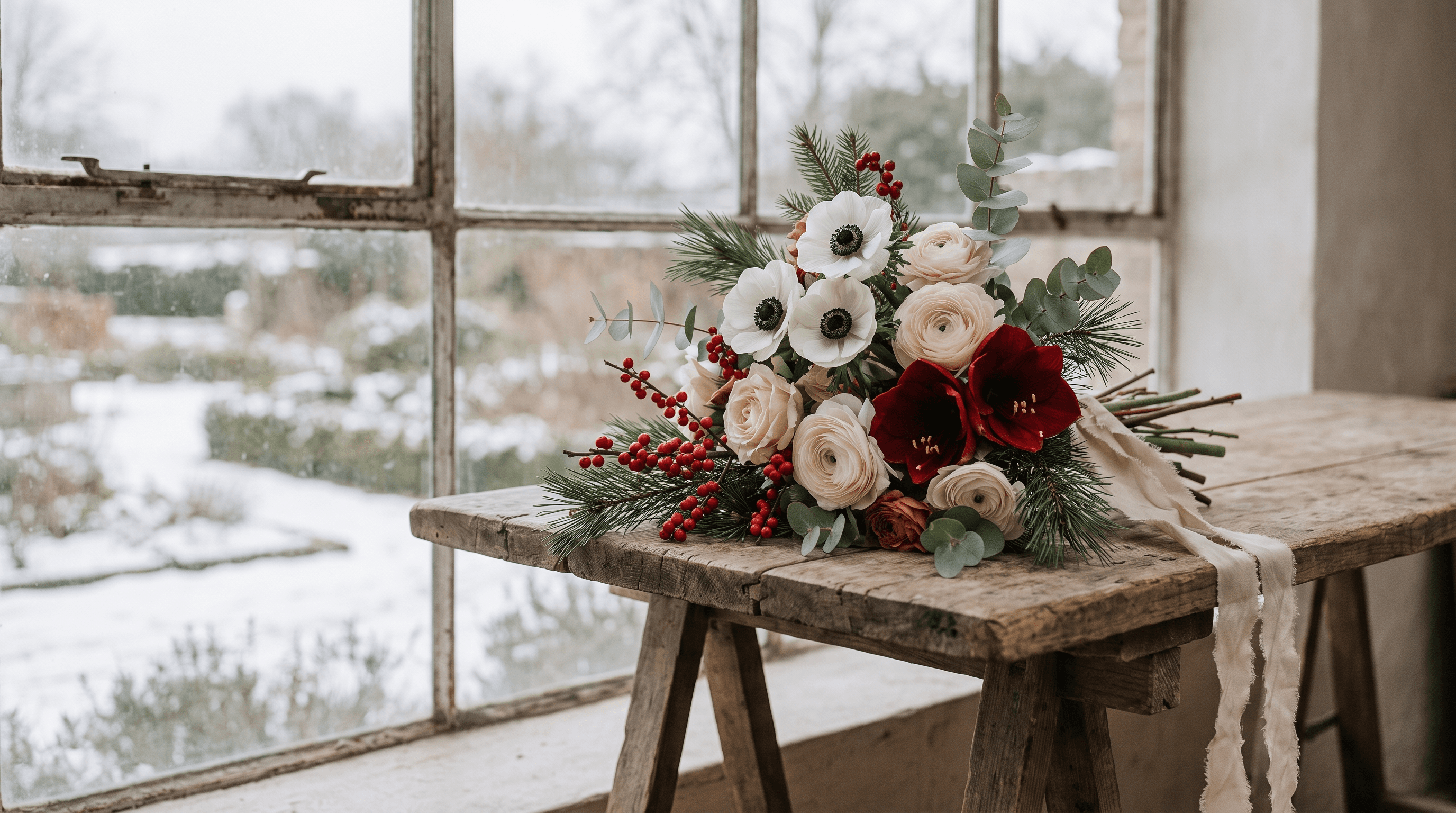 Winters bruidsboeket met anemonen, ranonkels, eucalyptus en rode ilexbessen op een houten tafel