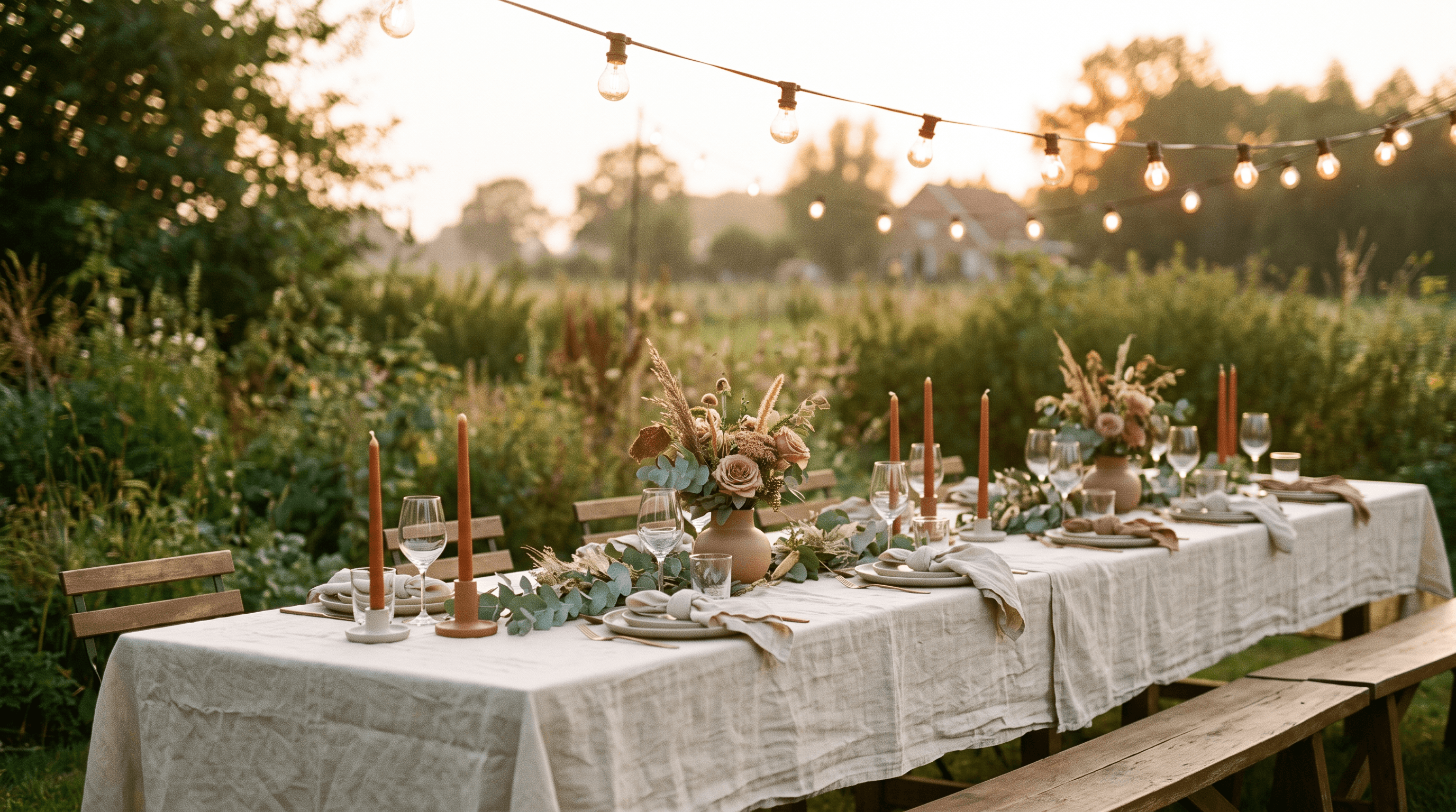 Lange feesttafel in een Belgische tuin bij avondlicht met lichtjes en kaarsen