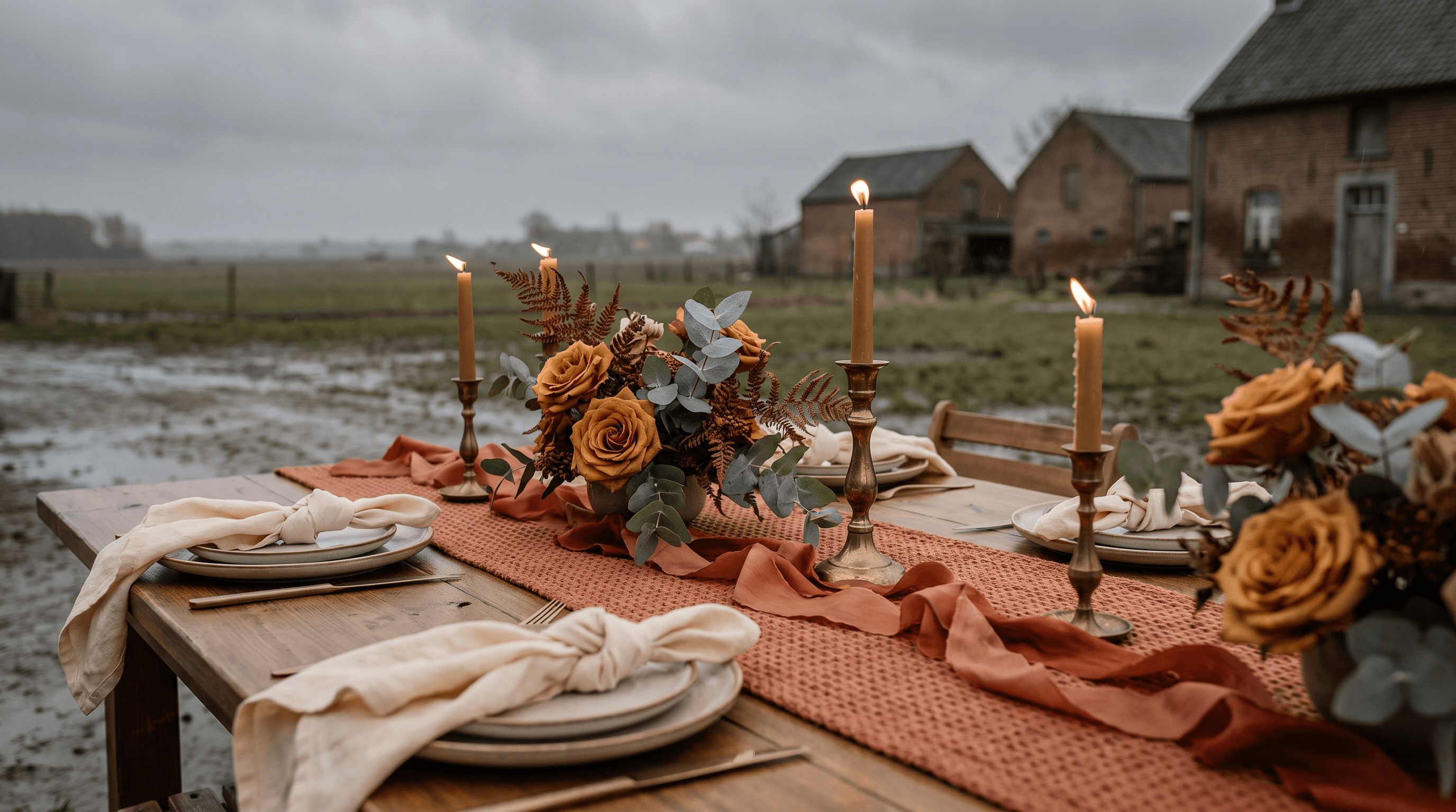 Trouwtafel met terracotta lint, okerkleurige bloemen en messing kandelaars op een bewolkte dag