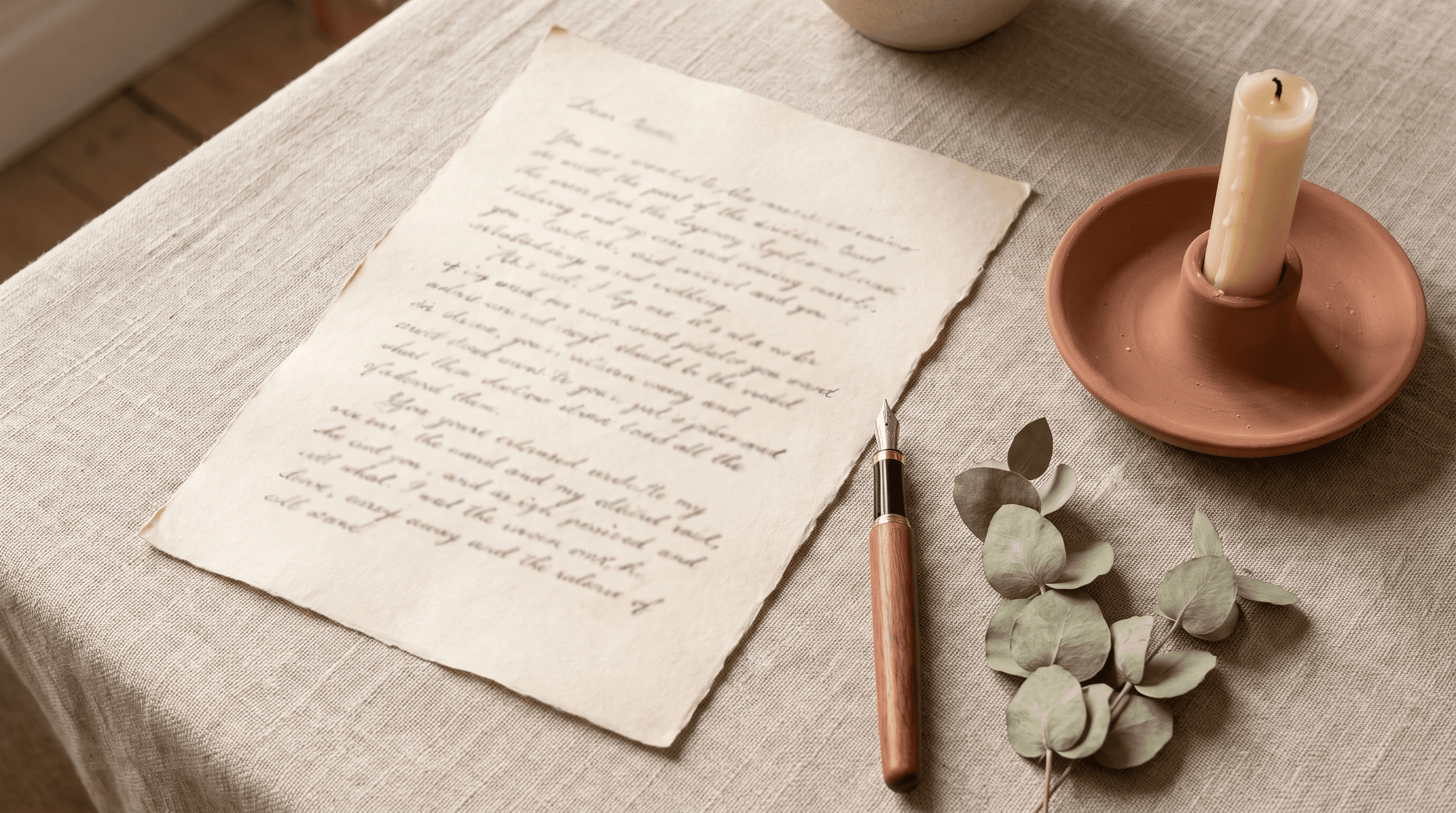 Handgeschreven ceremonietekst op crèmekleurig papier met vulpen, kaars en droogbloemen