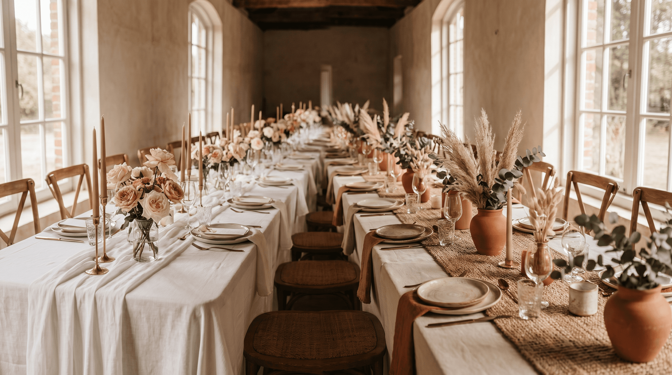 Tafelstyling die romantische en boho-rustieke elementen combineert