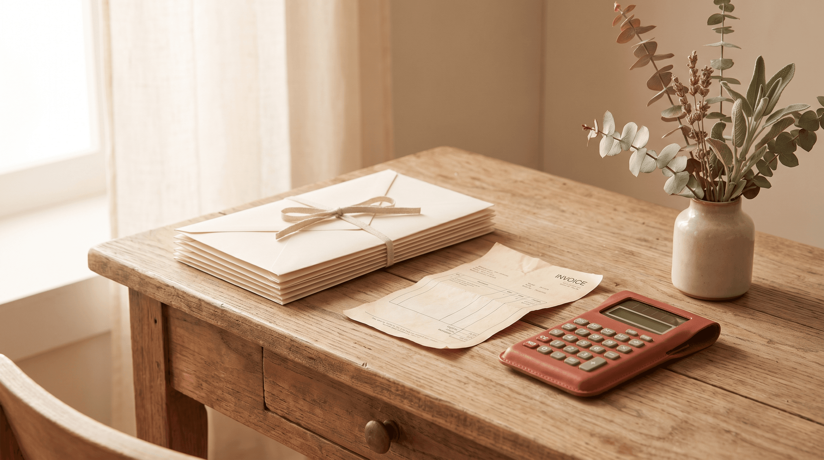 Wooden desk with wedding invoices, a calculator and dried flowers