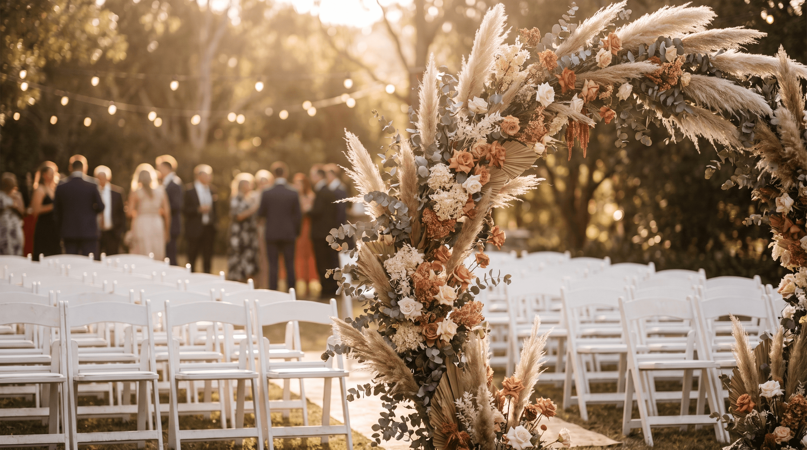 Tuinlocatie met witte houten stoelen en een bloemenboog opgesteld voor een groepsfoto, warm gouden licht