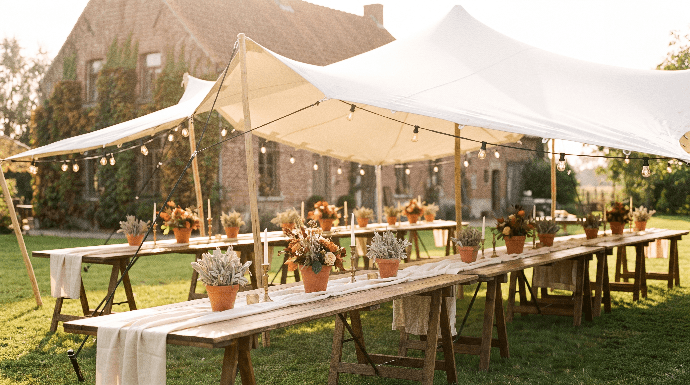 Witte stretchtent met lange gedekte tafels in een tuin bij avondlicht