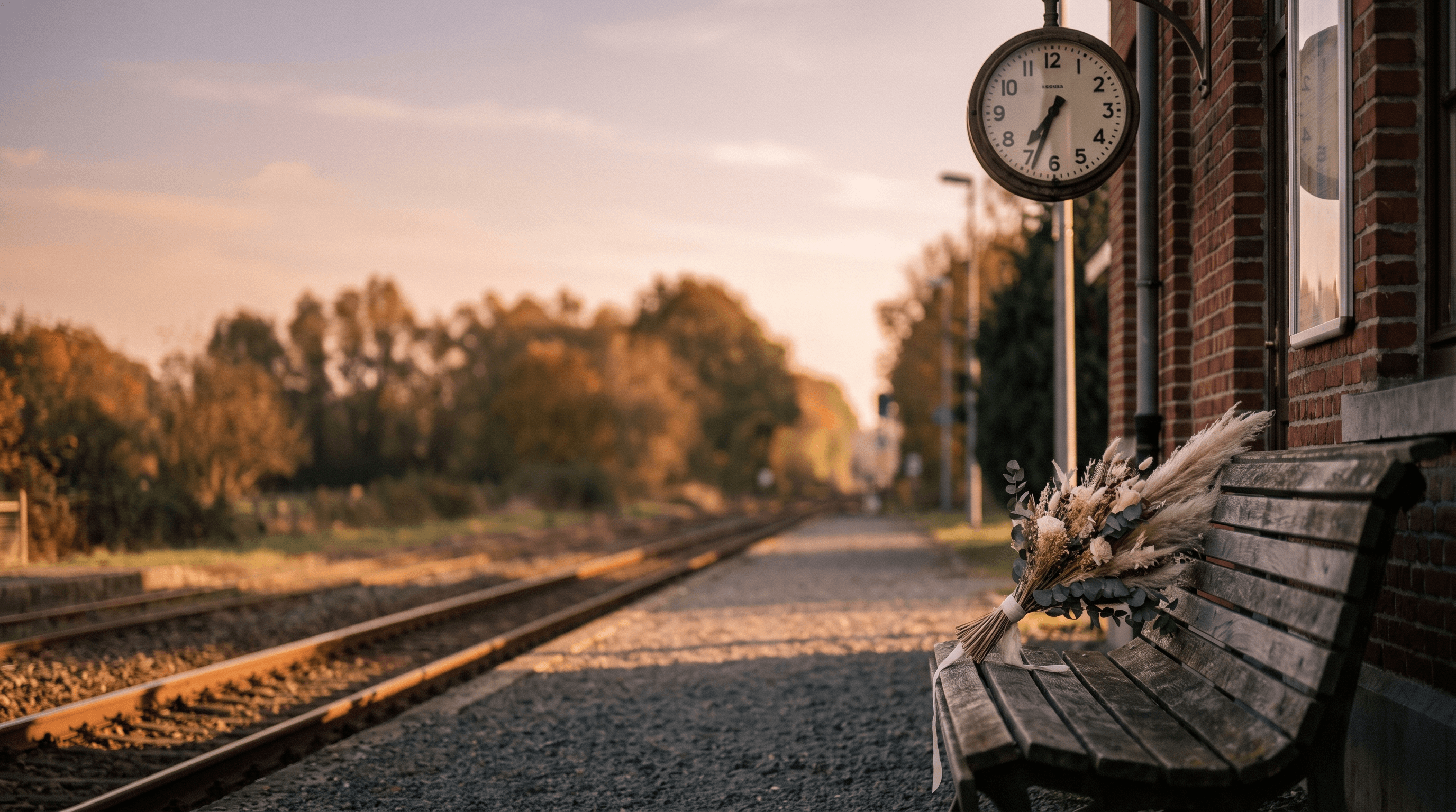 Leeg landelijk treinperron bij avondlicht met een bruidsboeket op de bank