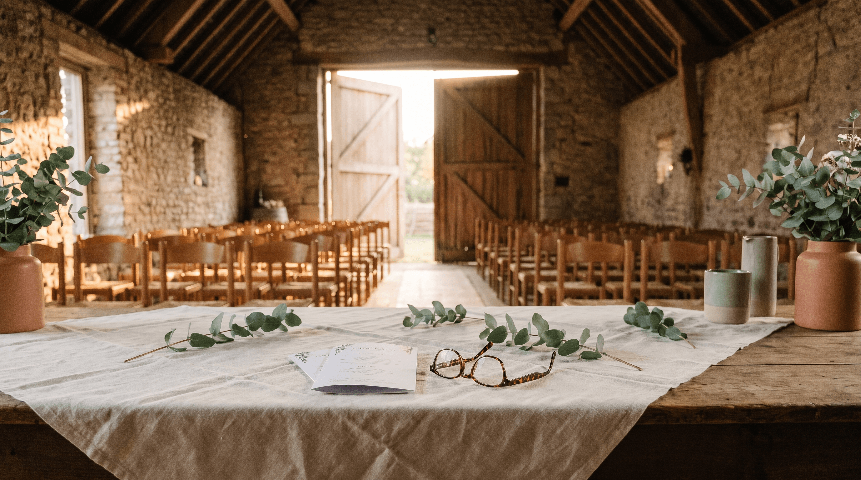 Lege ceremonieruimte in een stenen schuur met houten stoelen en een gedekte tafel met eucalyptus