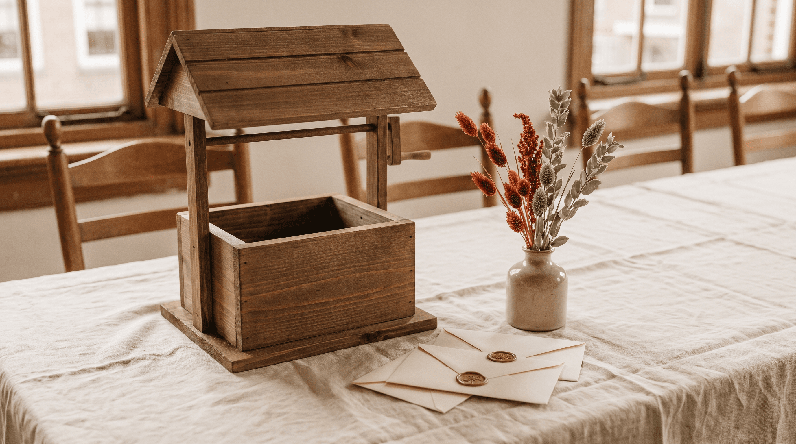 Houten wensput voor enveloppen op een linnen tafel met verzegelde enveloppen en droogbloemen