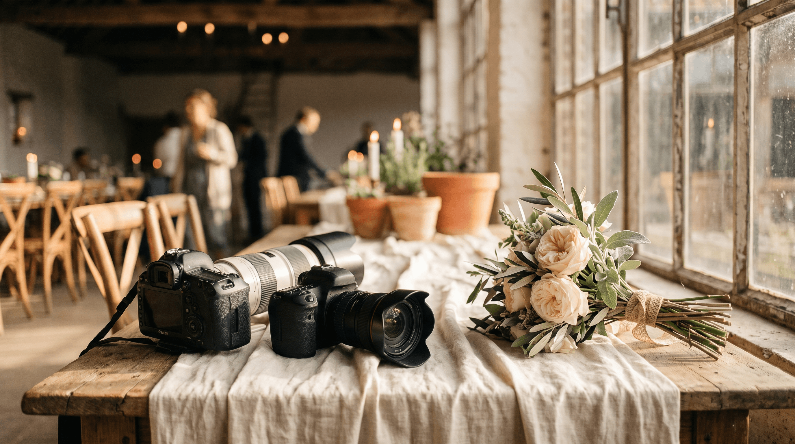 Twee fotocamera's en een bruidsboeket op een houten tafel in een trouwschuur