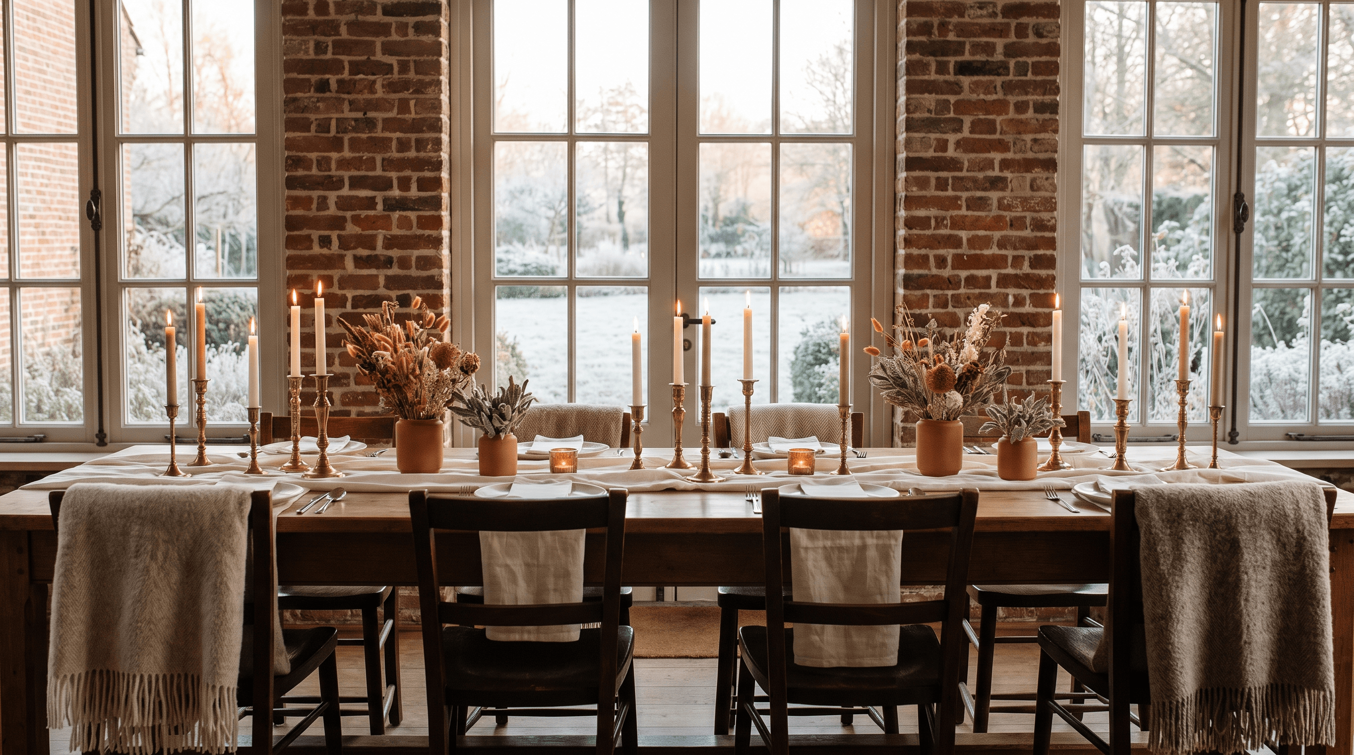 Gedekte tafel met kaarsen en droogbloemen voor een winterbruiloft in een bakstenen hoeve