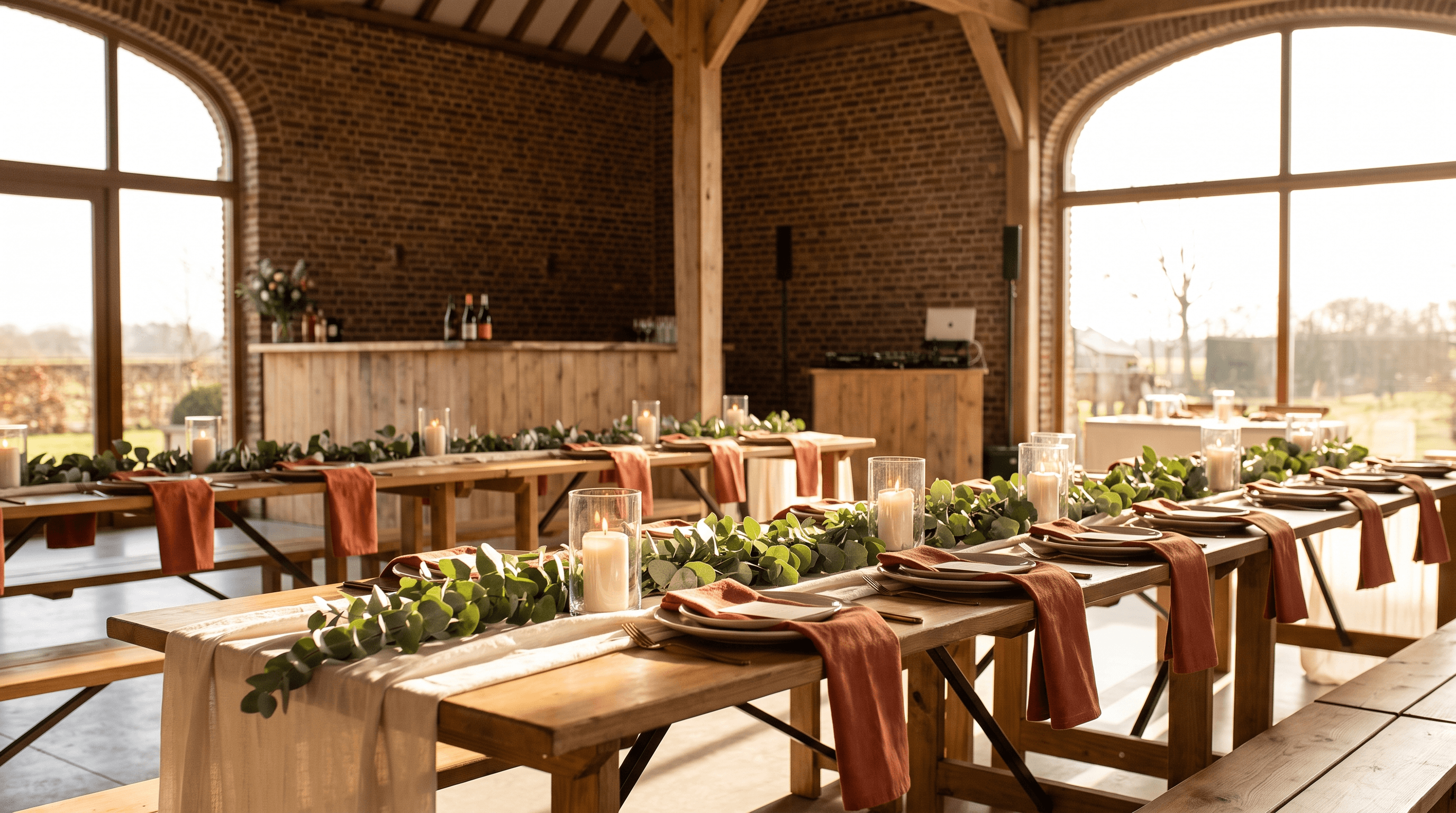 Gedekte lange houten tafels met terracotta servetten en eucalyptus in een bakstenen feestschuur