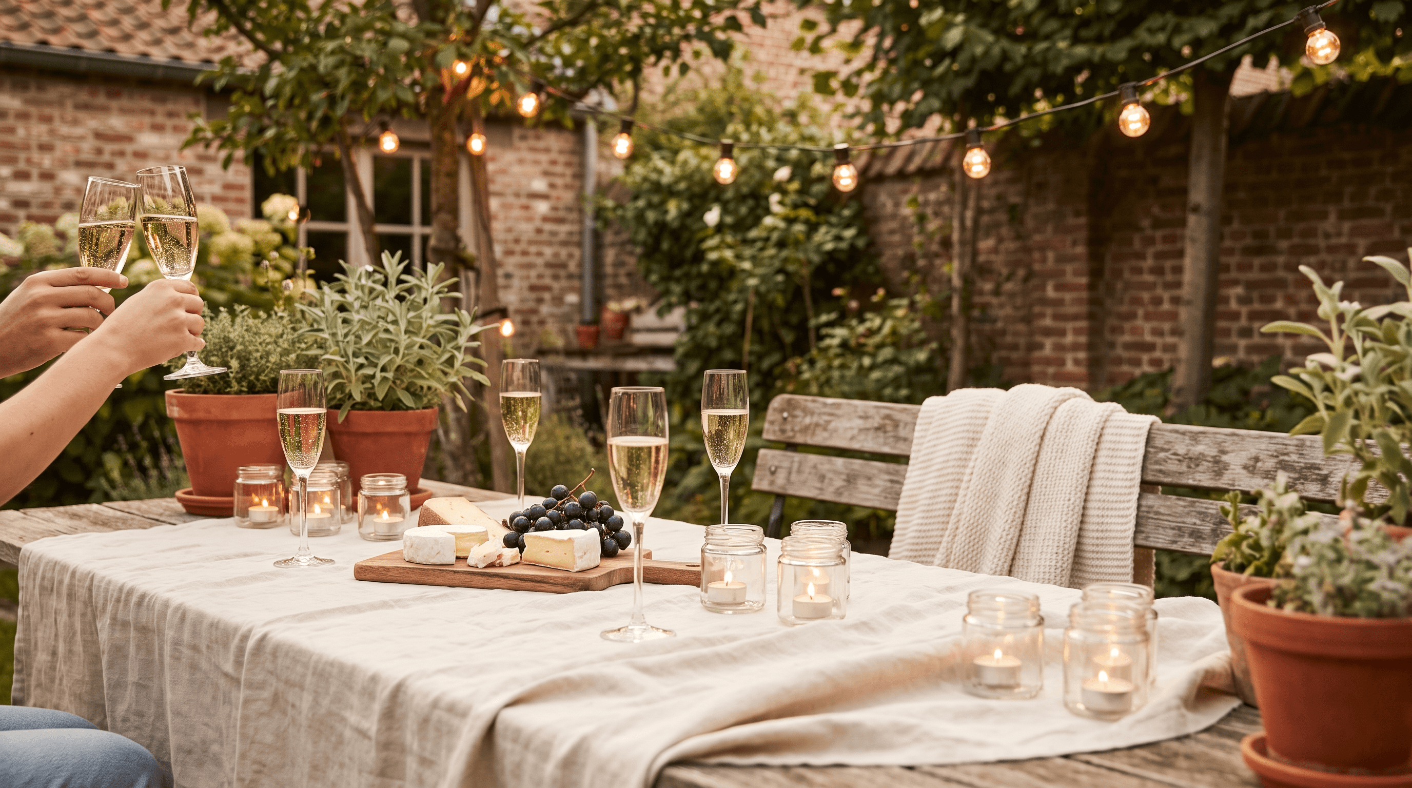 Gedekte tuintafel met bubbels, kaas en kaarsjes onder lichtslingers voor een vrijgezellenavond