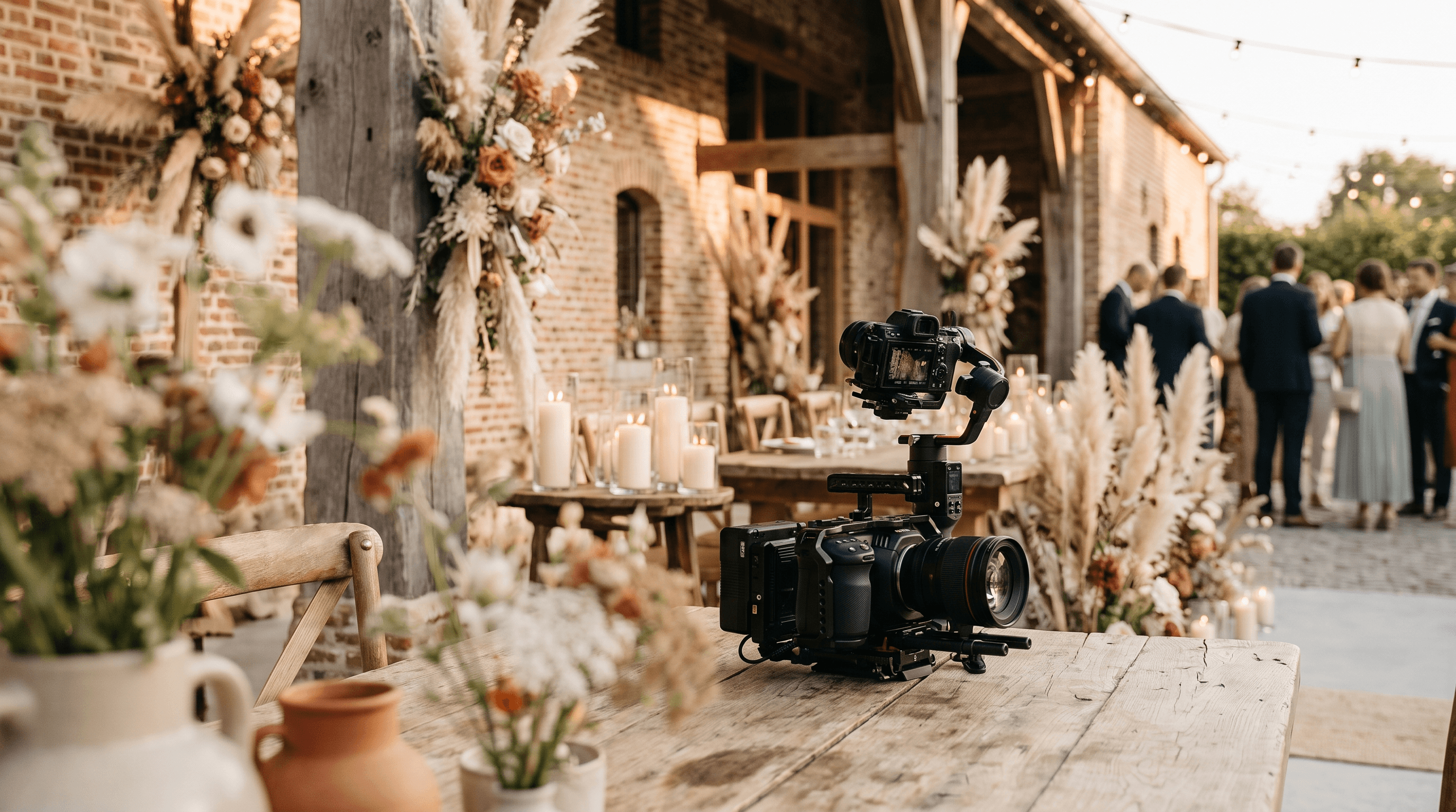 Filmcamera op een houten tafel voor een versierde trouwschuur met droogbloemen en kaarsen