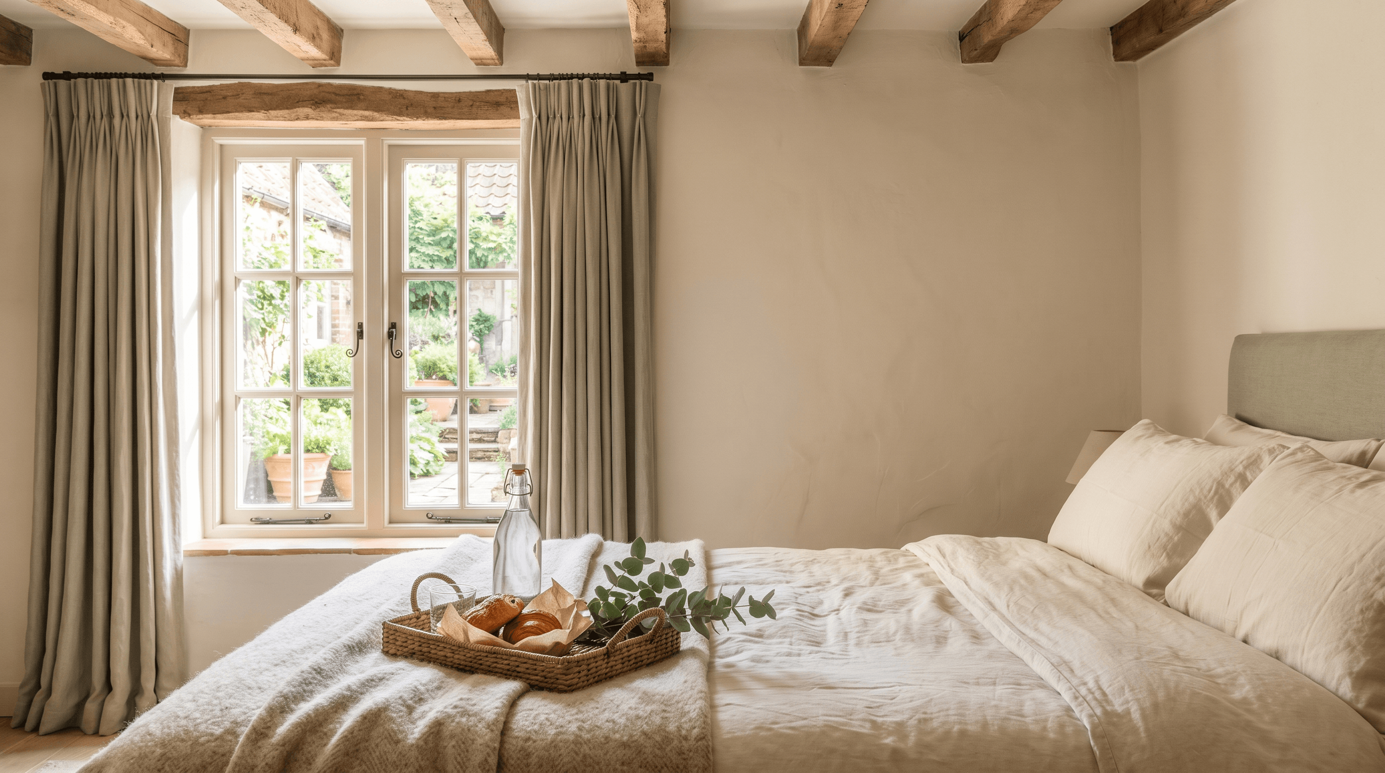 Gastenkamer in een hoeve met een ontbijtmandje op het bed en uitzicht op een binnentuin
