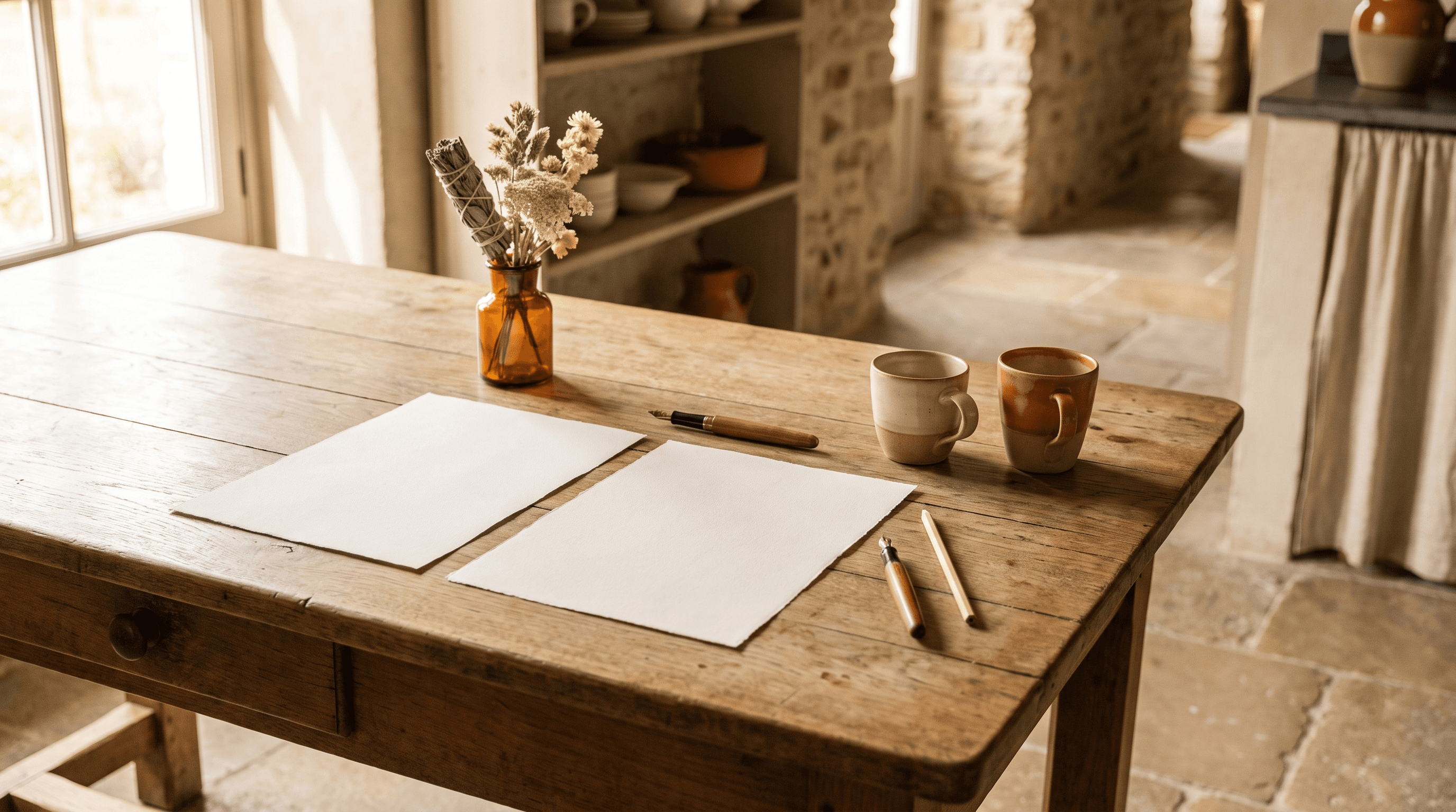 Twee blanco vellen papier naast elkaar op een eiken keukentafel met pen en koffiekoppen