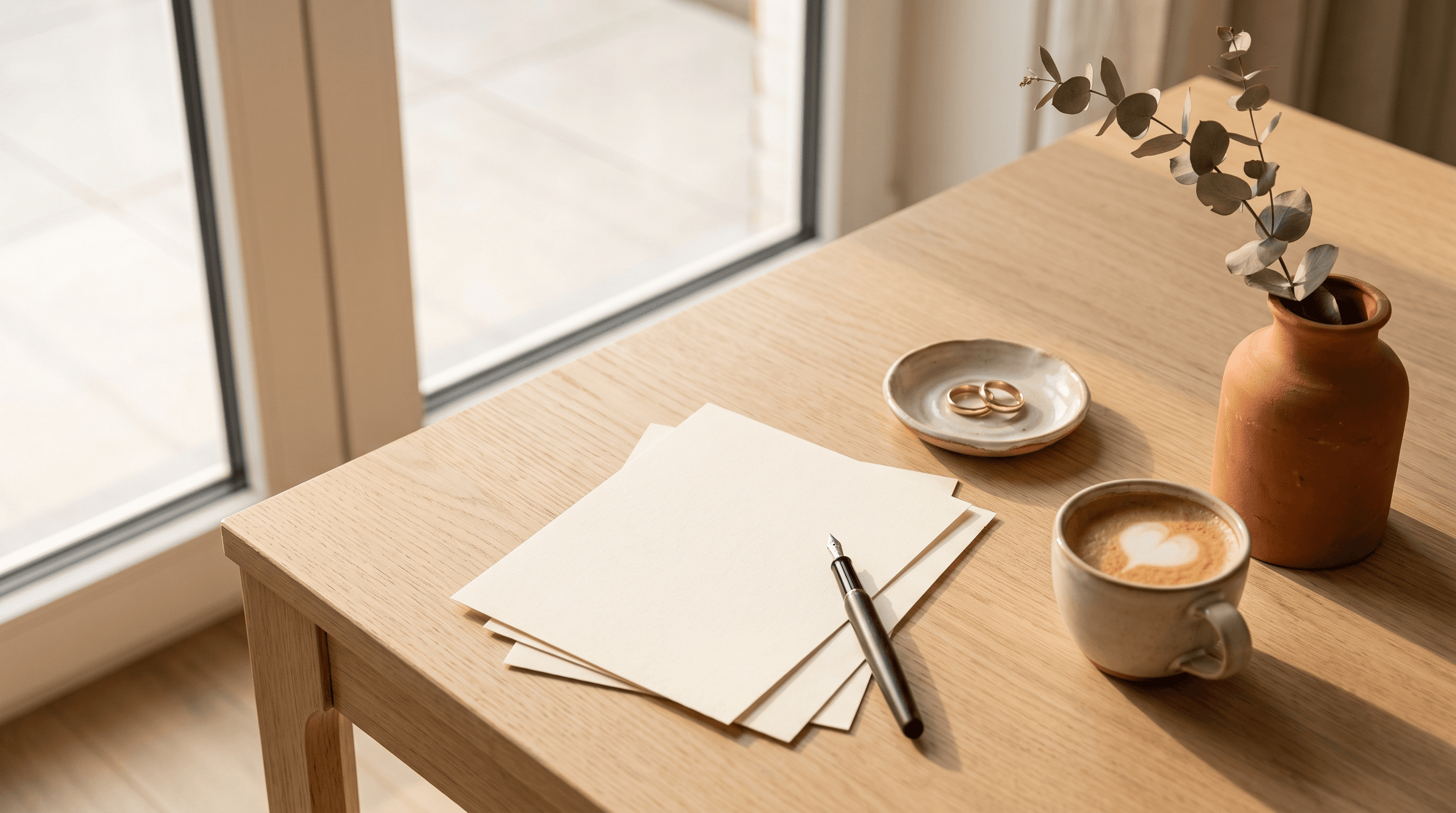 Blanco papieren met een vulpen, twee trouwringen en een kop koffie op een eiken tafel