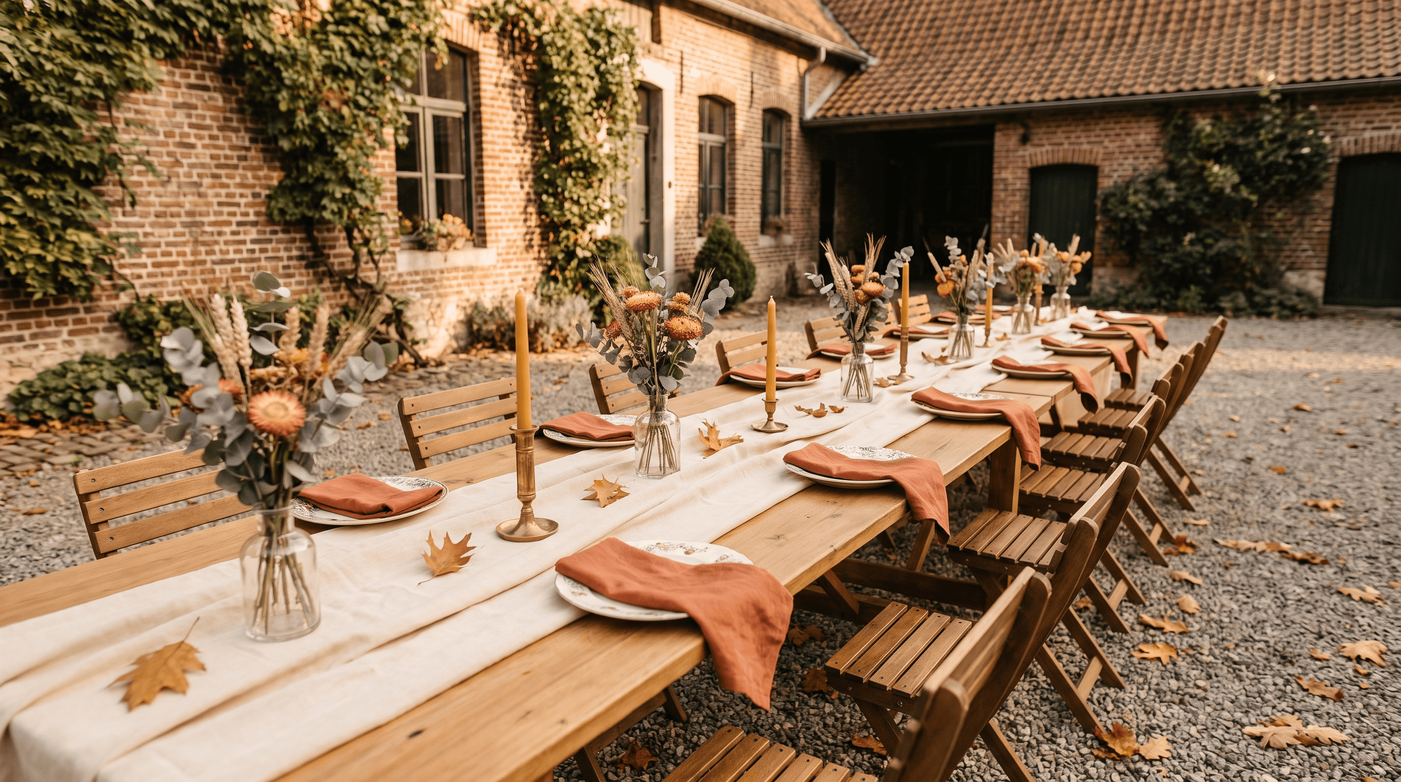 Lange gedekte trouwtafel op het binnenplein van een bakstenen hoeve in de herfst