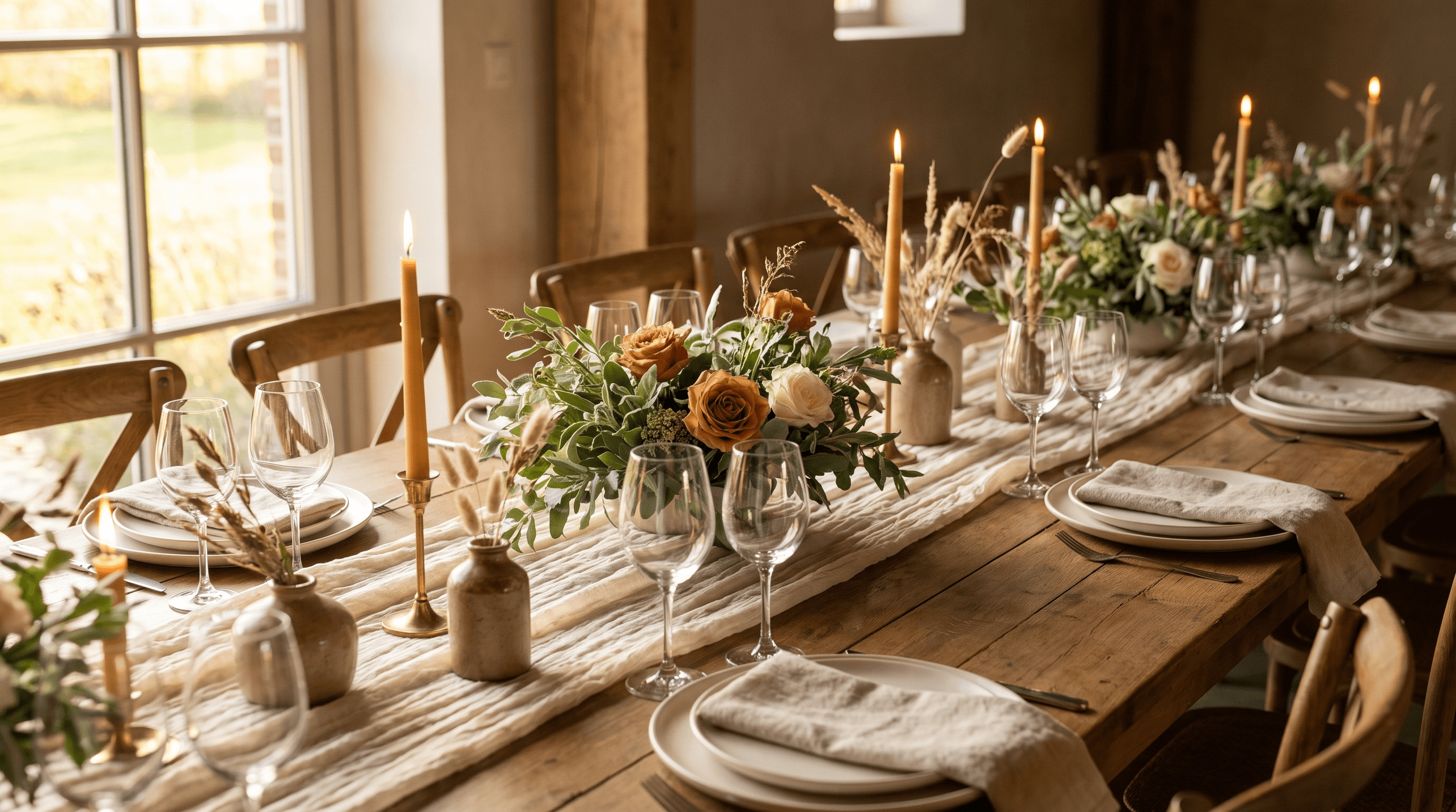 Lange houten trouwtafel met linnen loper, lage bloemstukken, dinerkaarsen en eenvoudige couverts