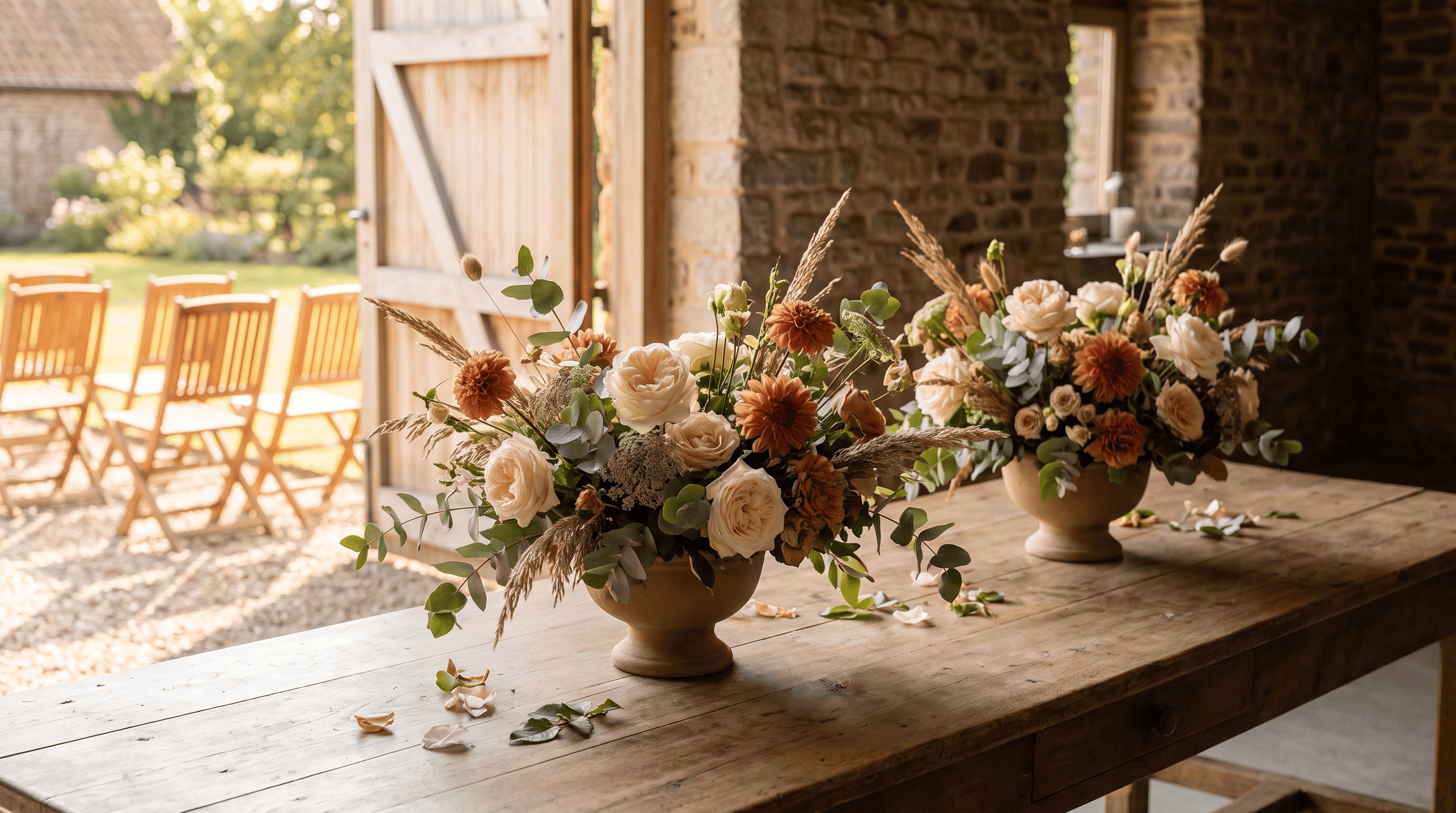 Twee bloemstukken in terracotta schalen op een houten tafel in een schuur, met ceremoniestoelen in de tuin op de achtergrond