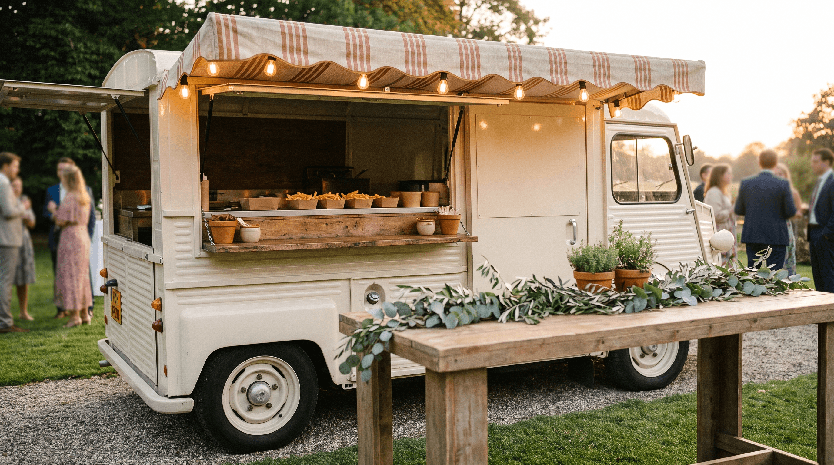 Crèmekleurige vintage foodtruck met gestreepte luifel en lichtjes op het grind naast een gazon tijdens een trouwfeest