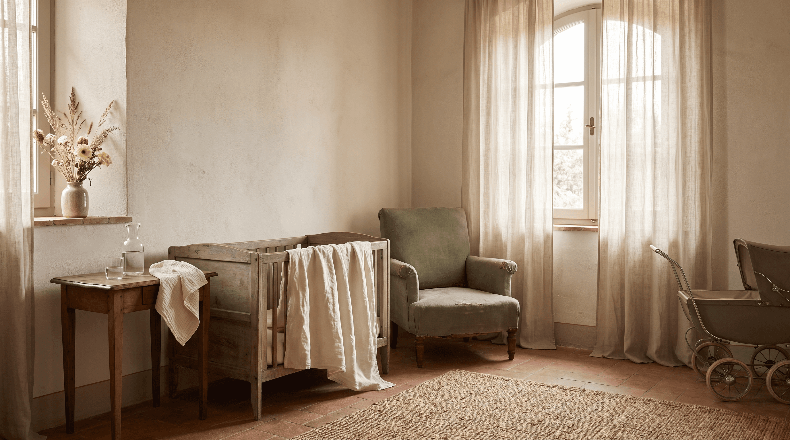 Rustige kamer op een trouwlocatie met houten babybedje, groene fauteuil en kinderwagen bij het raam